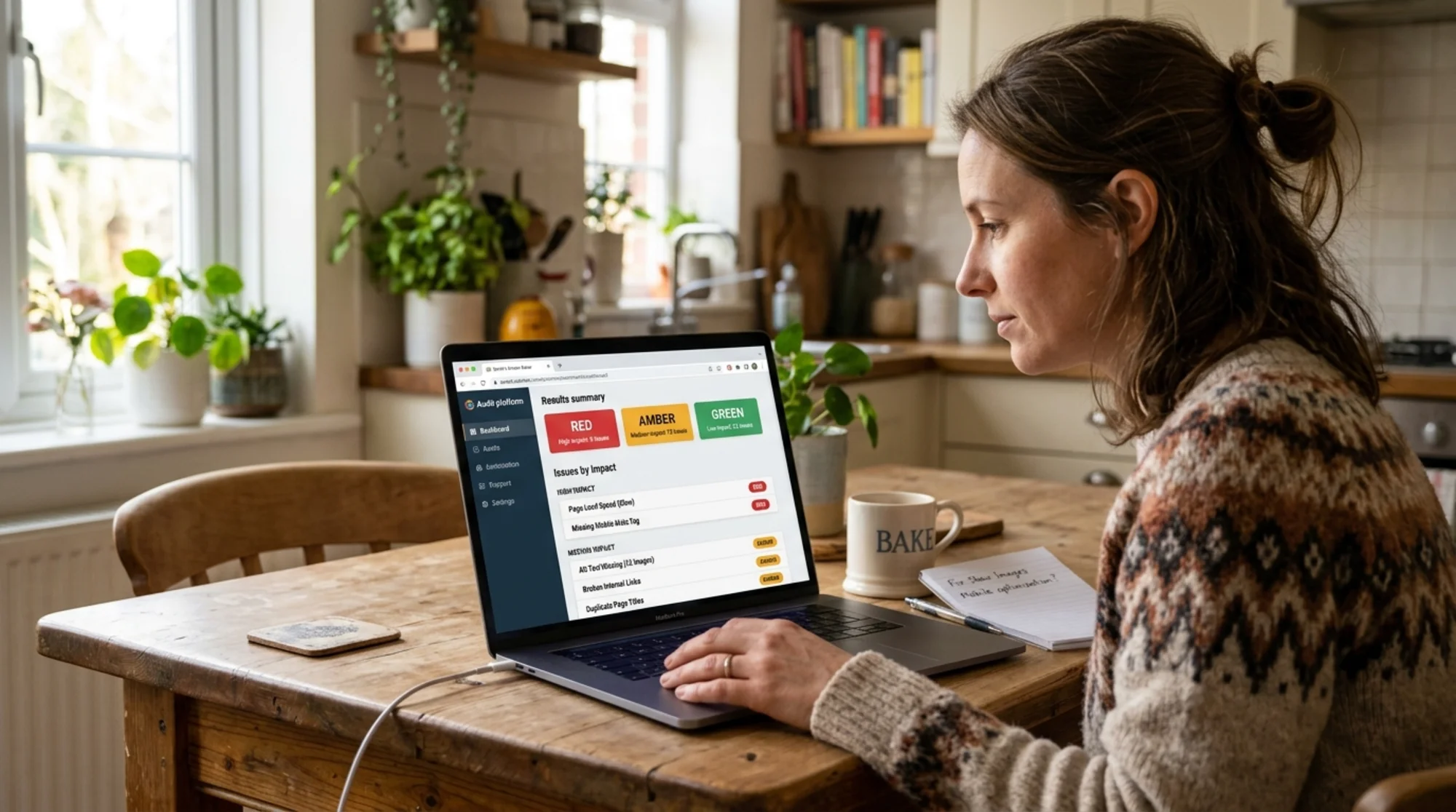 A small business owner at a kitchen table with a laptop open to a website audit dashboard showing colored severity badges (red, amber, green) and a plain-English issue list titled "Issues by Impact," a coffee mug and a printed notepad beside the laptop, soft morning daylight from a window