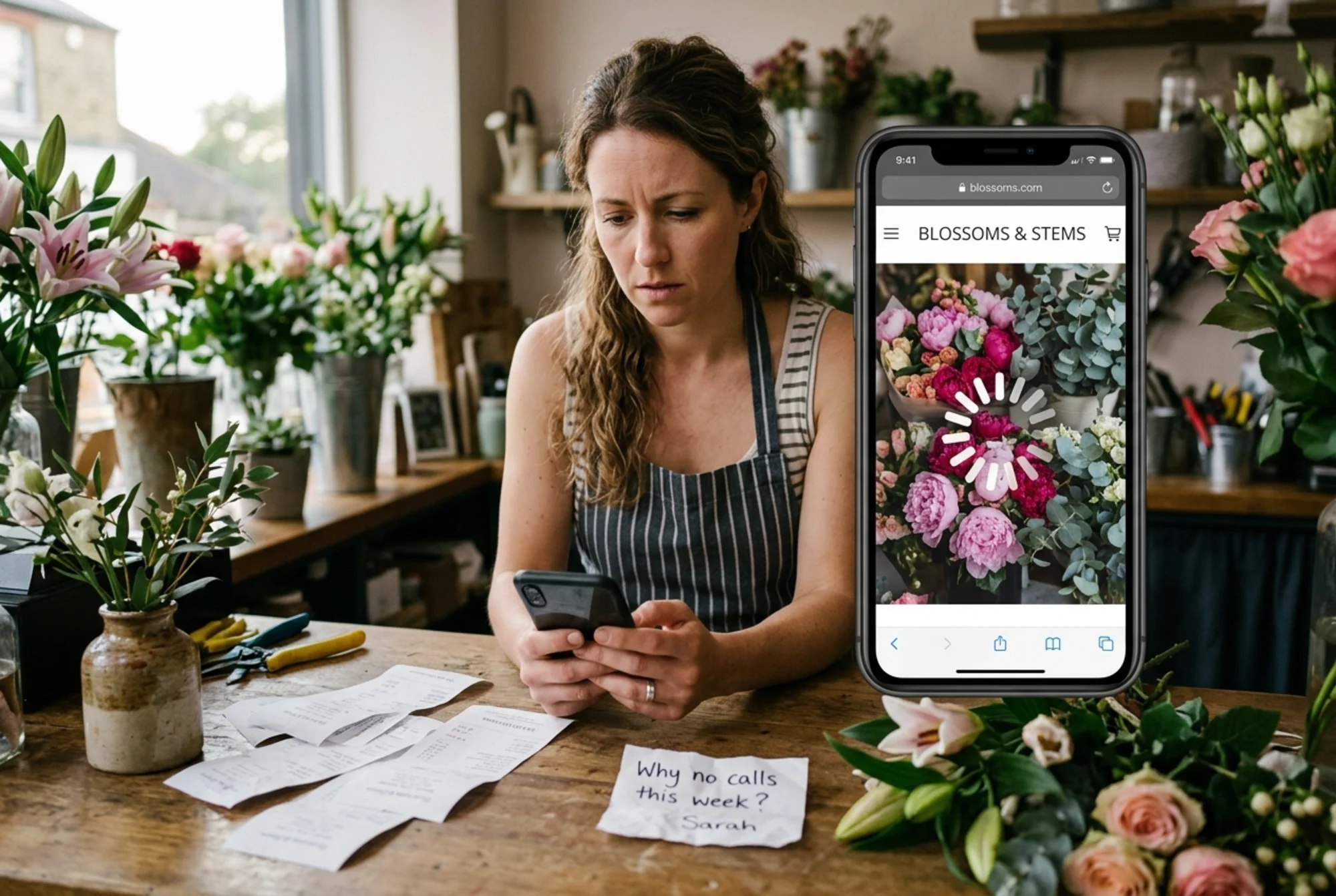 A small florist behind her shop counter looking concerned at her phone, the screen showing her own website with a spinning loader over a hero image of bouquets, scattered customer receipts and a handwritten note reading "why no calls this week?" on the counter, late afternoon shop lighting