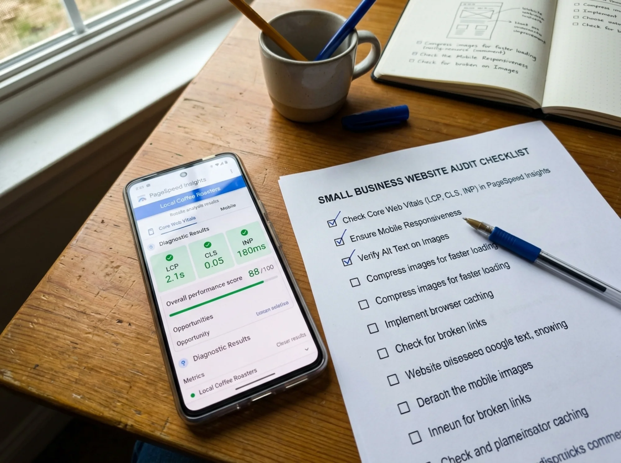 An overhead close-up of a phone running Google PageSpeed Insights, the Core Web Vitals panel showing LCP 2.1s in green, CLS 0.05 in green, INP 180ms in green, a printed audit checklist beside the phone with three items ticked in blue pen