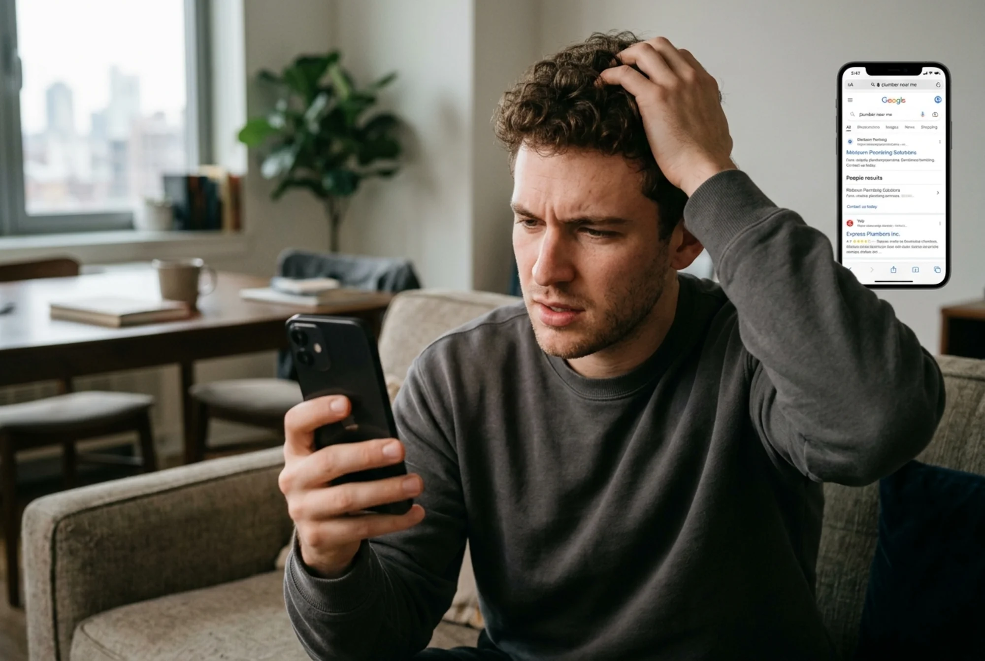 A frustrated customer on their phone searching "plumber near me" and getting irrelevant results from businesses with no clear service area information on their websites