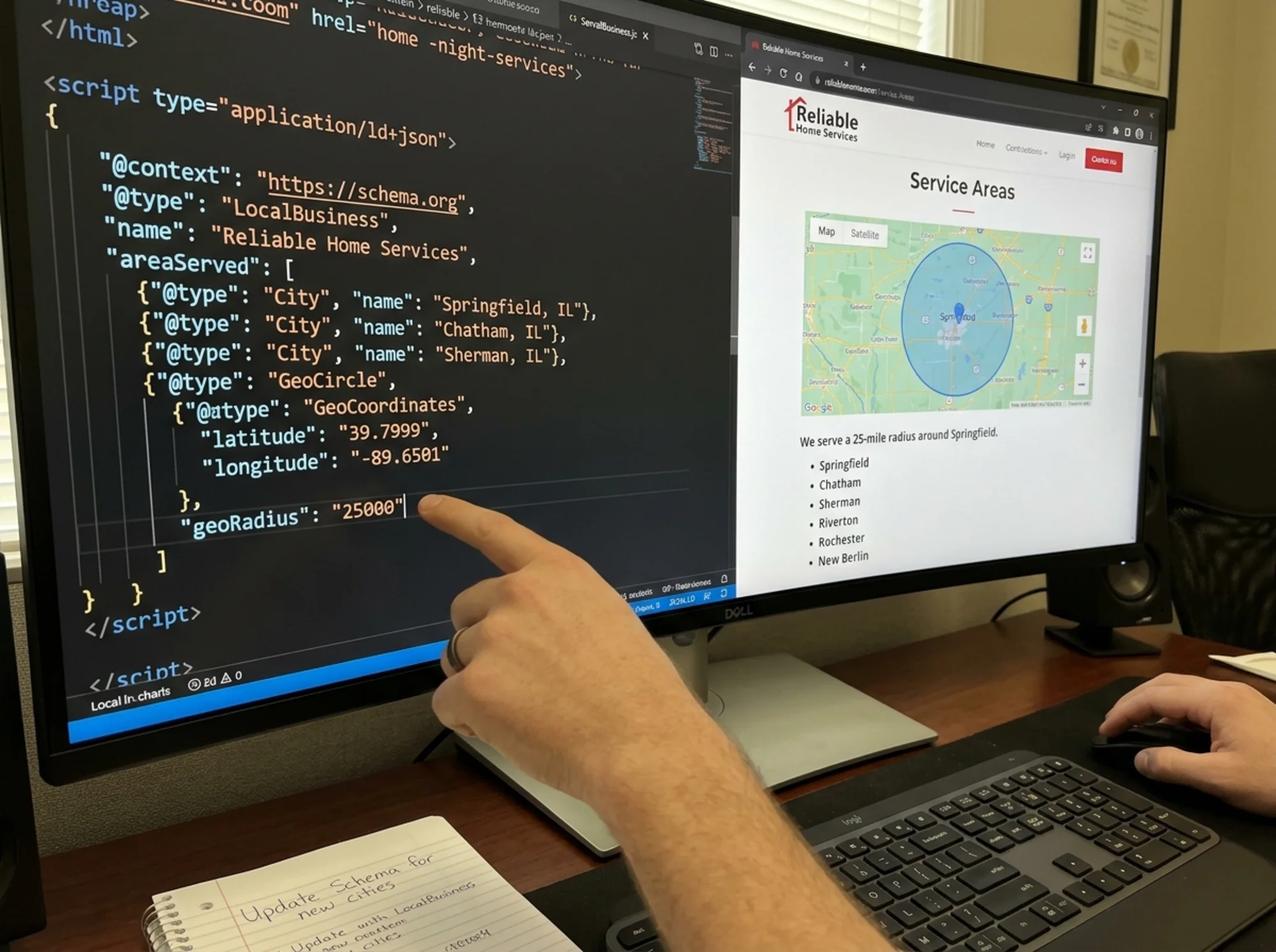 A split-screen showing a website's service area page being edited: one side shows the HTML with LocalBusiness structured data, the other shows the rendered page with a city list and driving radius