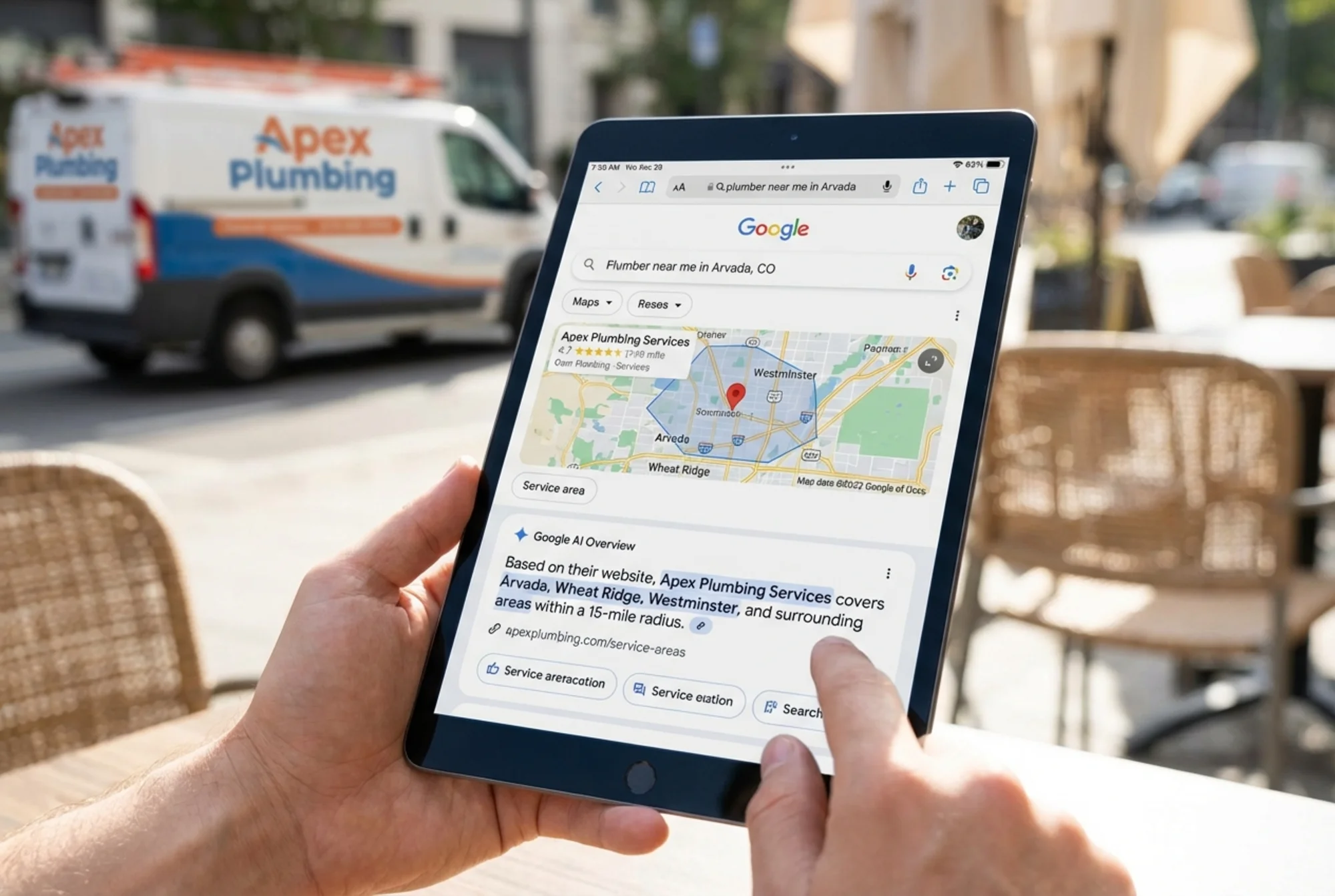 A Google search results page showing a local business prominently featured in the map pack and an AI overview, both pulling clear service area details directly from the business website