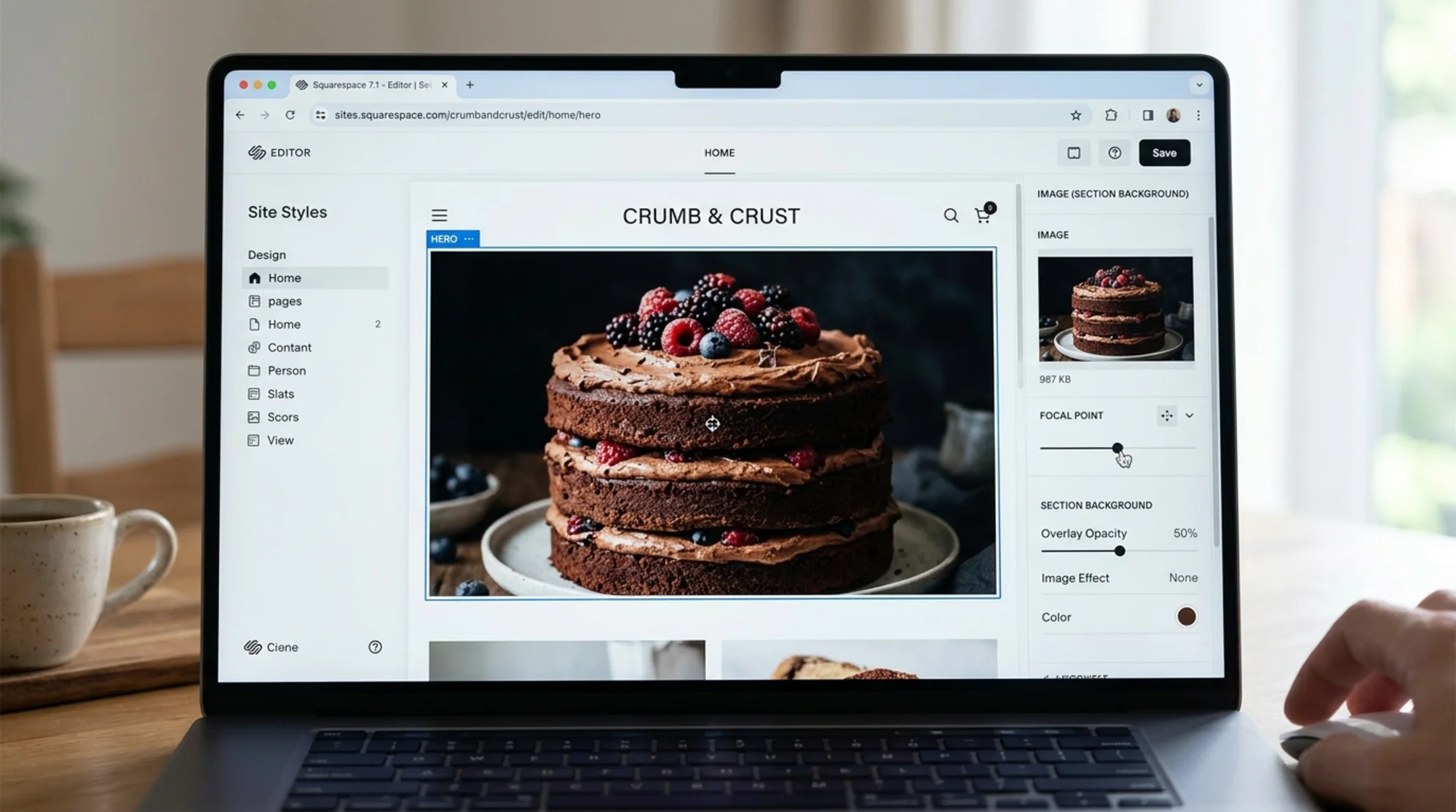 Close-up of the Squarespace 7.1 editor open in a browser, homepage hero banner section selected, right side panel showing Image, Focal Point, and Section Background settings, cursor hovering on a chocolate cake hero photo