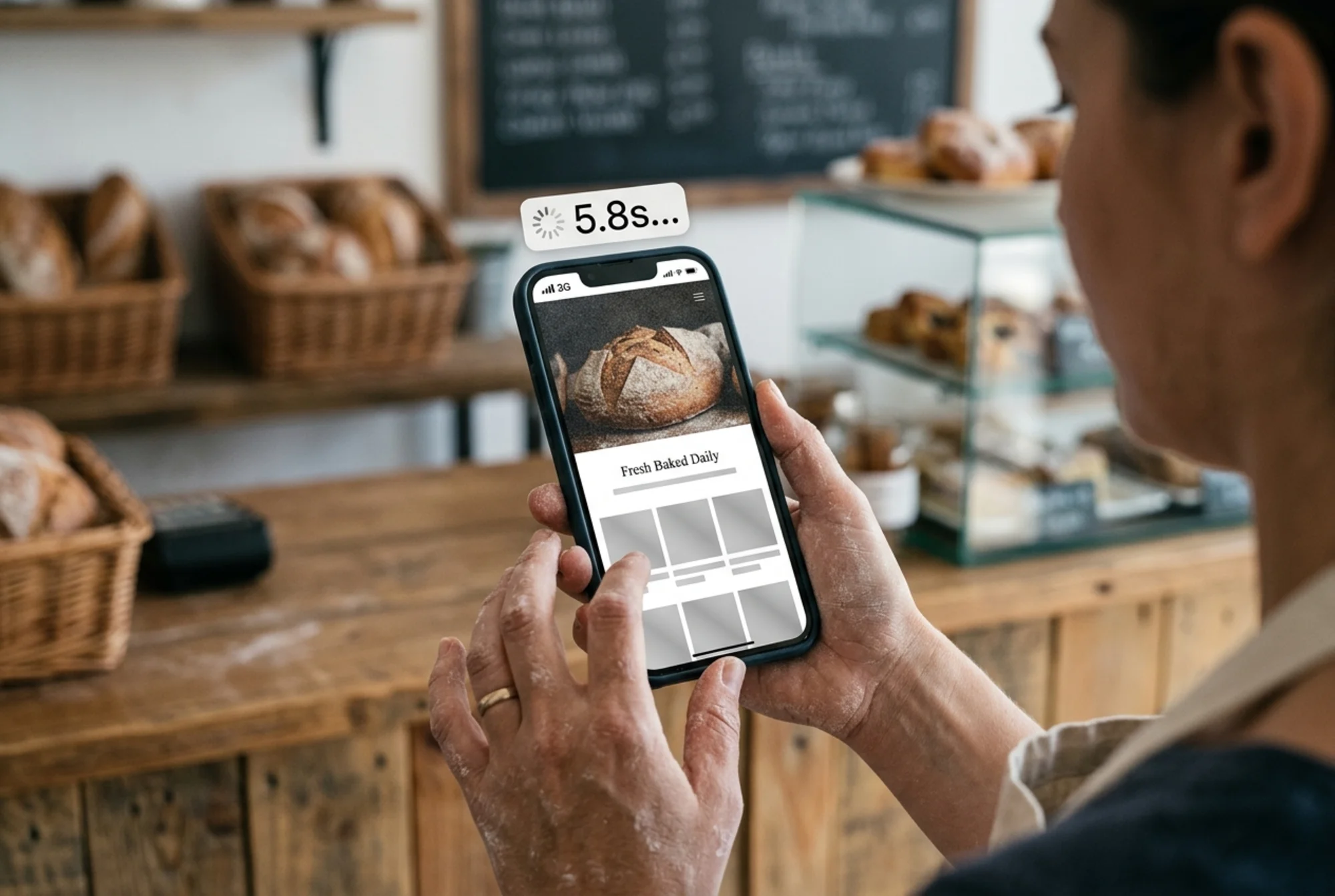 A Squarespace bakery homepage loading on a phone, hero image only half-rendered with a gray shimmer placeholder, slow 3G icon and 5.8s timer overlay, owner's hand holding the phone behind a bakery counter