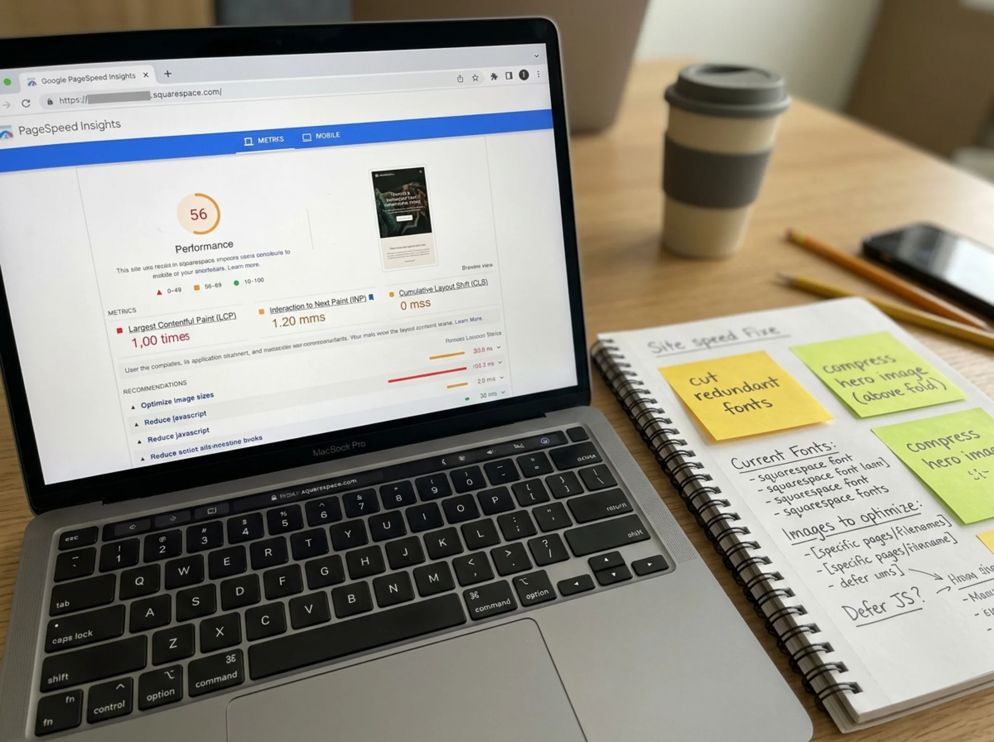 A laptop showing PageSpeed Insights results for a Squarespace URL with LCP, INP, and CLS scores in amber and red, next to an open Squarespace Site Styles panel showing four loaded font families, sticky notes labeled "cut fonts" and "compress hero" on the desk