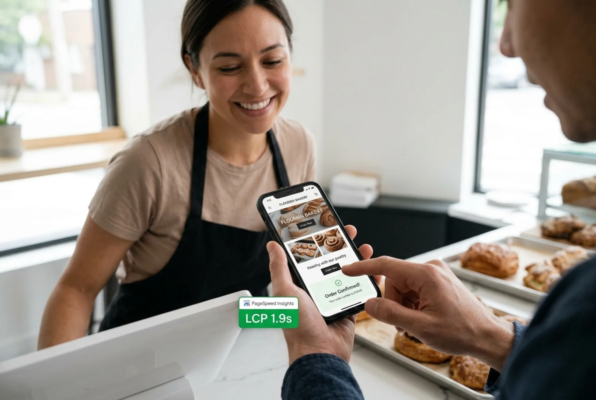 The same bakery Squarespace homepage now loading instantly on a phone, green PageSpeed badge in the corner showing LCP 1.9s, owner smiling as a customer taps the "Order Now" button and an order confirmation appears