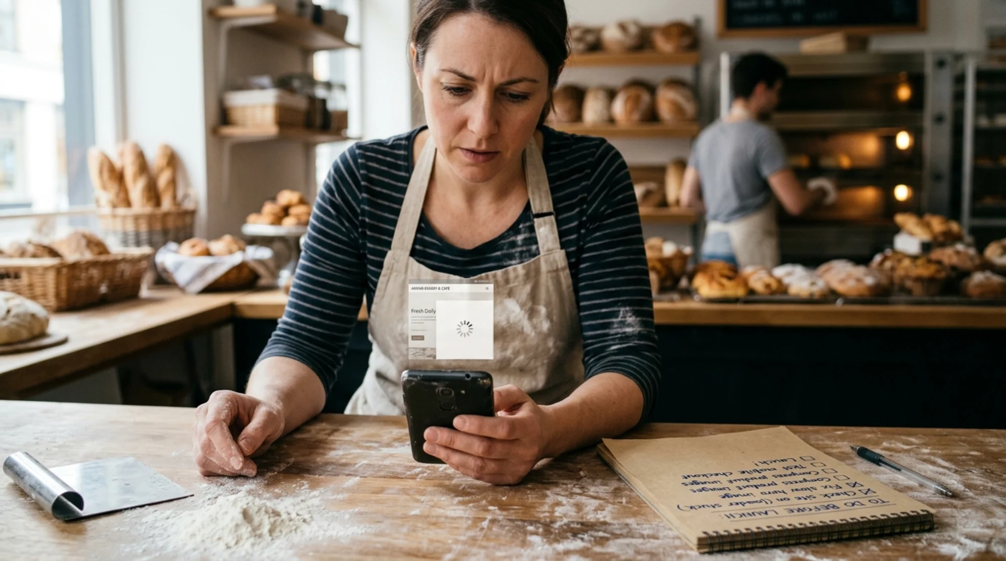 Small business bakery owner in apron holding a budget Android phone showing a half-loaded bakery homepage with a spinning loader where the hero image should be, sitting at a flour-dusted wooden counter next to a paper notebook with handwritten checklist "test on slow 3G before launch"