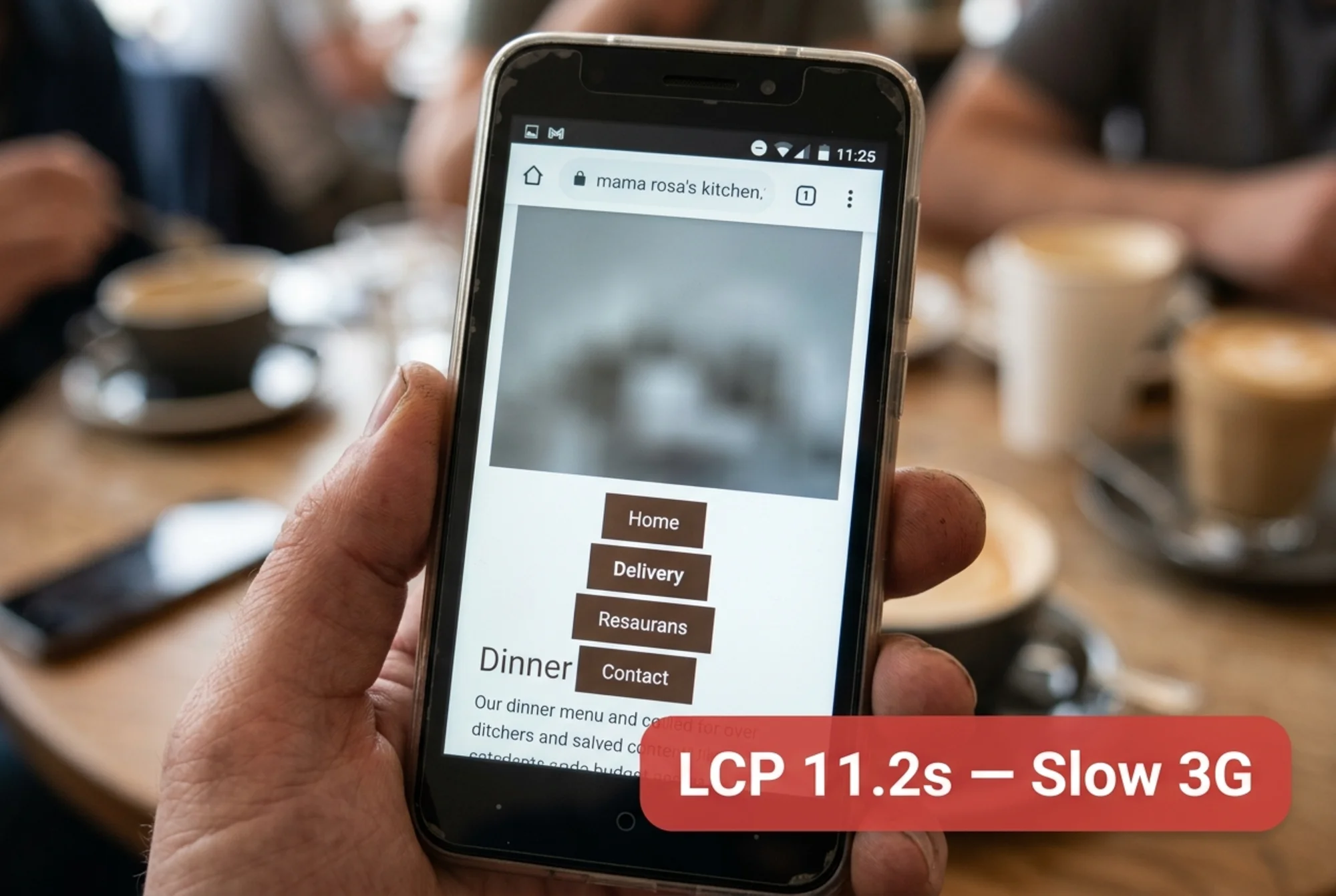 Close-up of a budget Android phone screen showing a partially loaded local restaurant menu page with a giant blurry placeholder where the hero image is still loading, navigation buttons stacked and shifted out of position, and a red overlay badge reading "LCP 11.2s — Slow 3G"