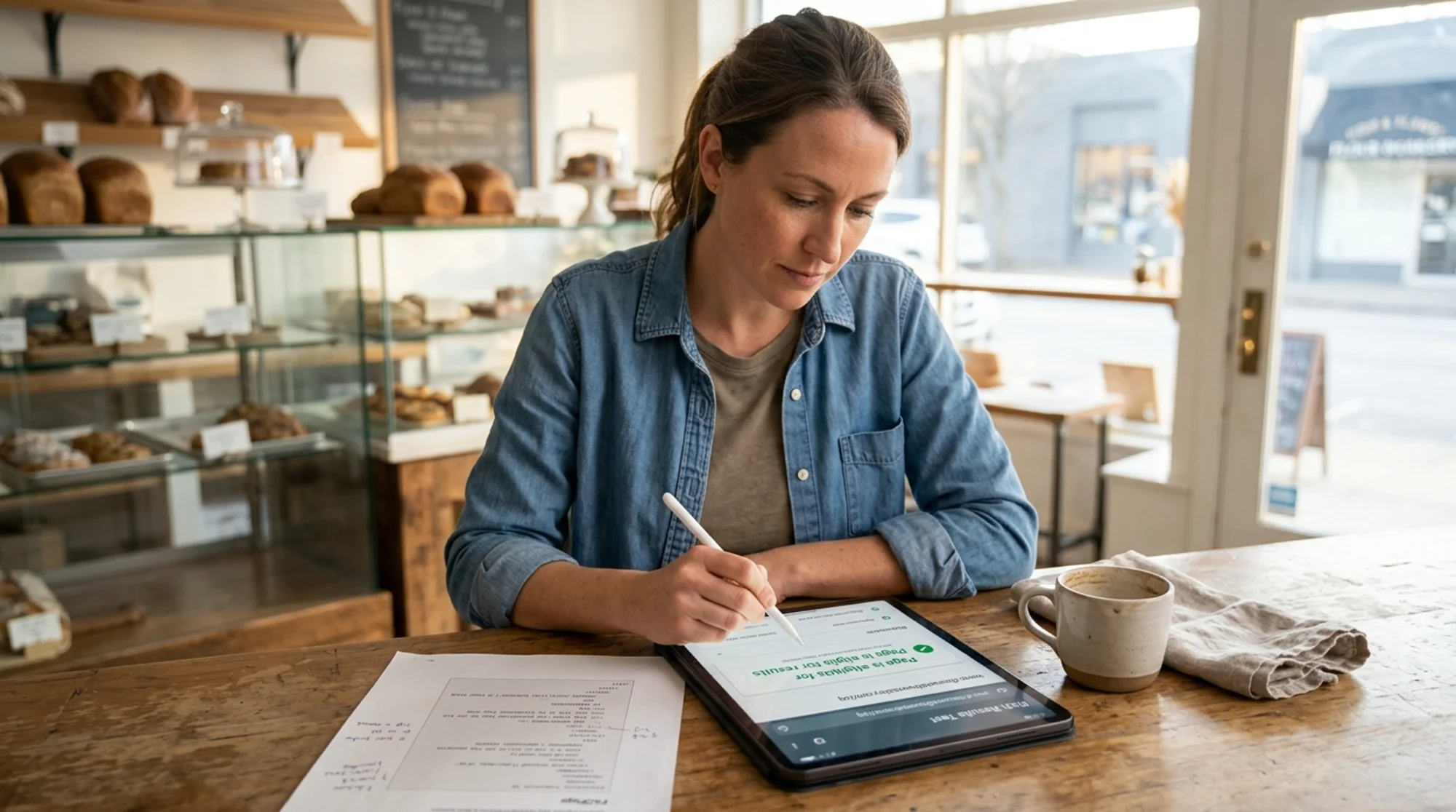 A small bakery owner at a wooden counter on a tablet, the Rich Results Test page open on screen showing her bakery URL in the input field and a green "Page is eligible for rich results" badge, a printed JSON-LD snippet labelled "FAQPage" beside a coffee cup, warm morning light through a shop window, realistic documentary photography