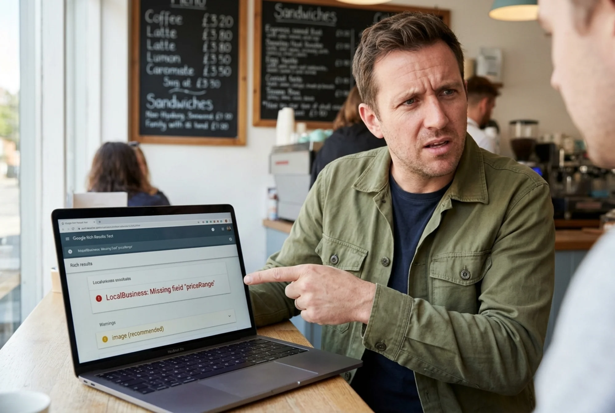 A frustrated cafe owner pointing at a laptop screen displaying the Rich Results Test results panel with a red error "LocalBusiness: Missing field 'priceRange'" and a yellow warning "image (recommended)" listed below, his chalkboard menu blurred in the background, candid documentary style