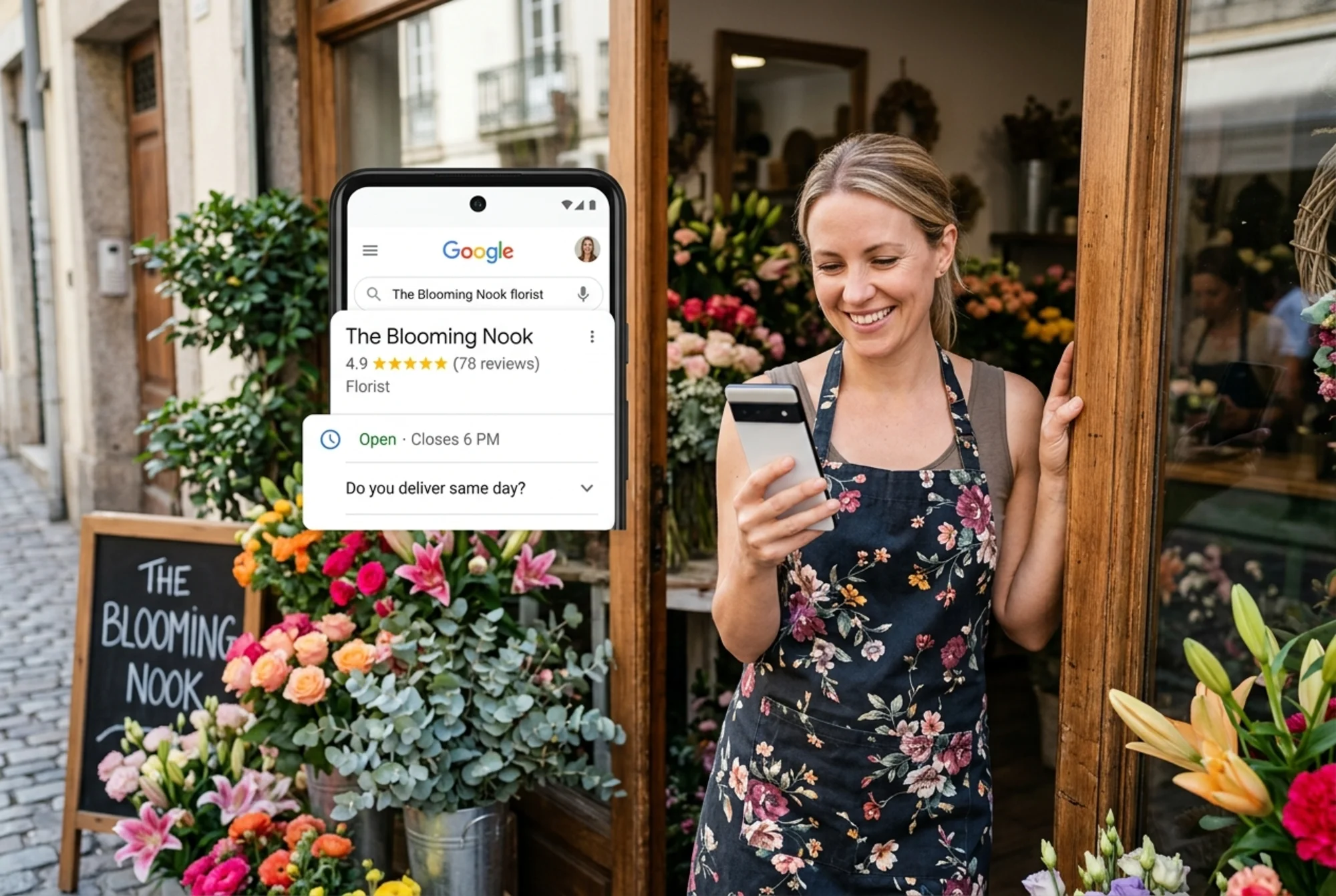 A florist smiling at her phone in her shop's doorway, the screen showing a Google search result for her business expanded with five star ratings, opening hours "Open · Closes 6 PM", and an FAQ accordion with "Do you deliver same day?" visible, bright daylight, hopeful candid lifestyle photography
