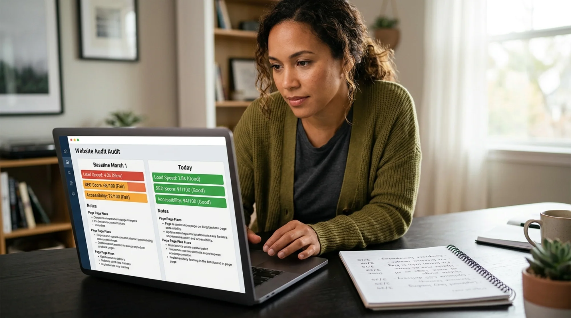 Small business owner at a laptop reviewing a website audit dashboard with two columns side by side, one labeled "Baseline March 1" and one labeled "Today" showing improved scores, a handwritten fix list in a spiral notebook beside the keyboard, soft natural daylight in a real home office