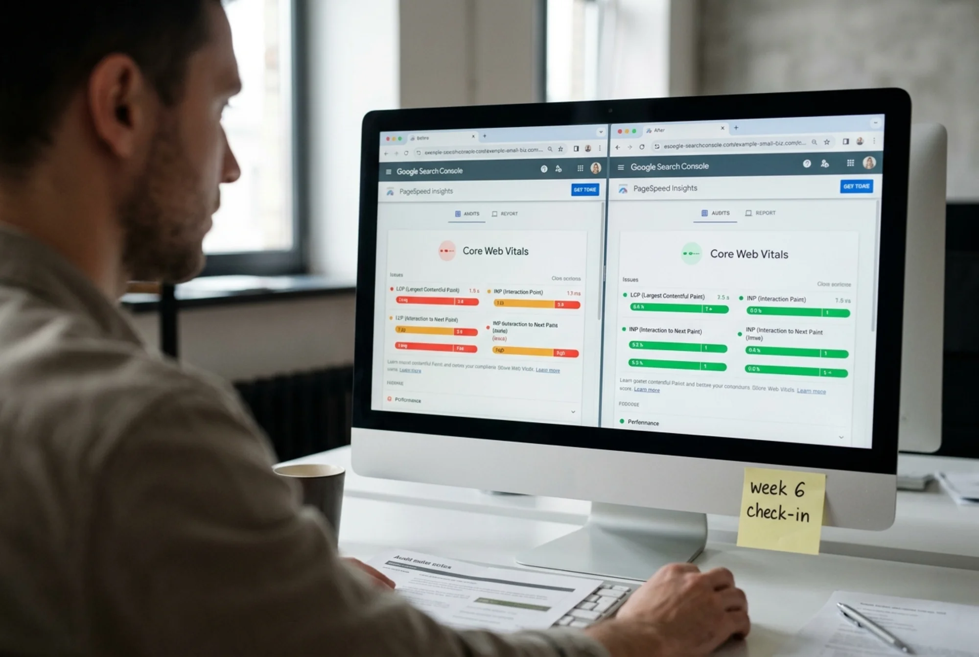 Over-the-shoulder view of a marketer comparing two Core Web Vitals reports on a monitor, one tab labeled "Before" showing red and amber LCP and INP bars and one labeled "After" showing green bars, a sticky note on the bezel reading "week 6 check-in"