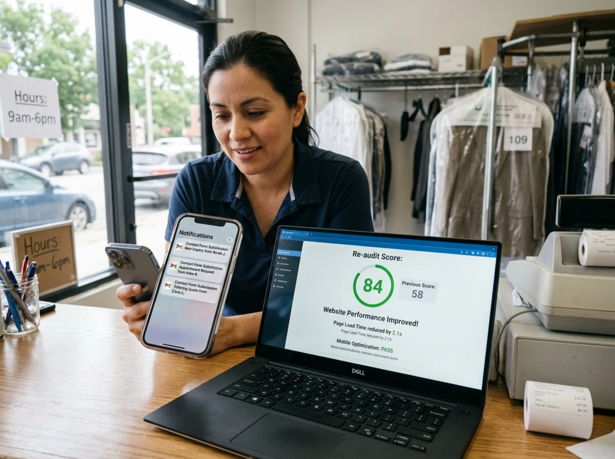 Local service business owner in a small shop checking a phone notification showing three new contact form submissions this week, with an open laptop on the counter displaying a re-audit score that climbed from 58 to 84, daylight from a storefront window