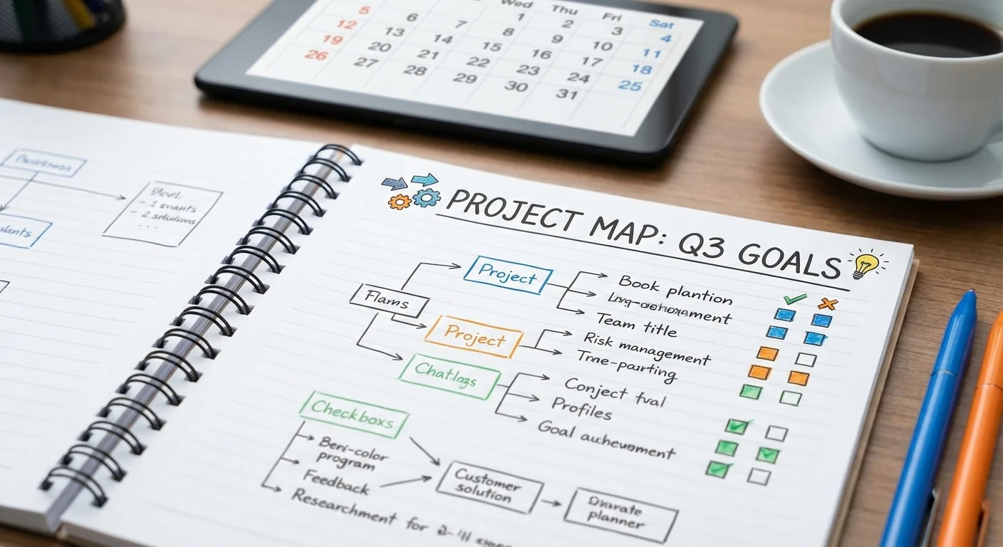 Close-up of structured notes and planning on paper