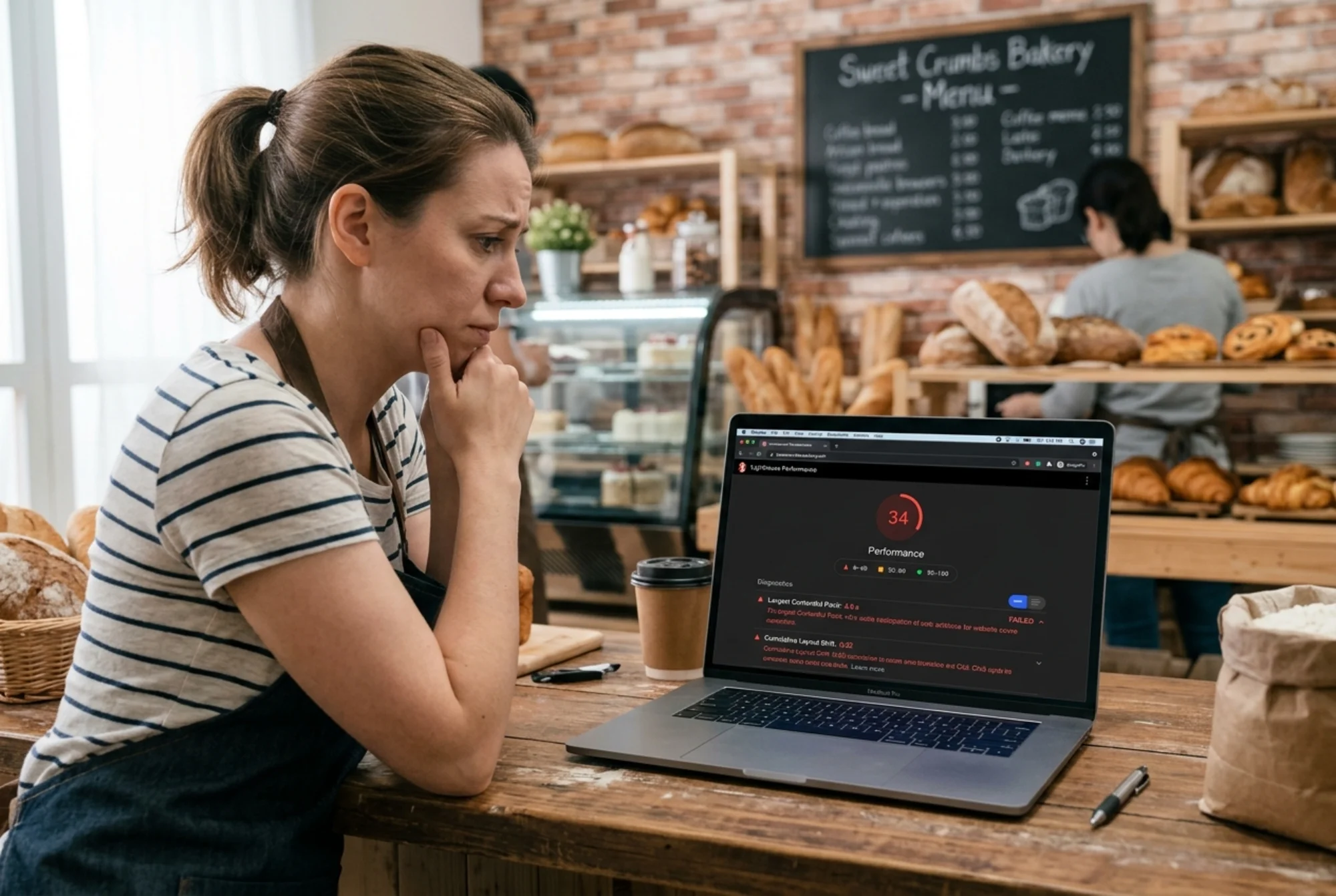 A small bakery owner at a wooden counter looking worried at a laptop displaying a Lighthouse Performance score of 34 in red, with "Largest Contentful Paint: 4.8 s" and "Cumulative Layout Shift: 0.32" flagged as failed audits below the score circle