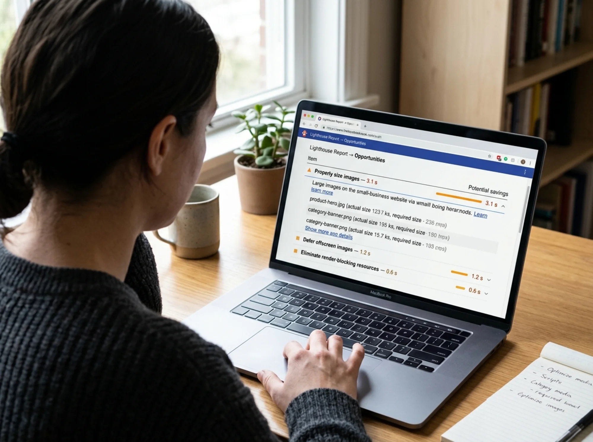 Over-the-shoulder view of a Lighthouse Opportunities panel listing "Properly size images — 3.1 s", "Defer offscreen images — 1.2 s", and "Eliminate render-blocking resources — 0.6 s", with a hand using a trackpad to click into the top item