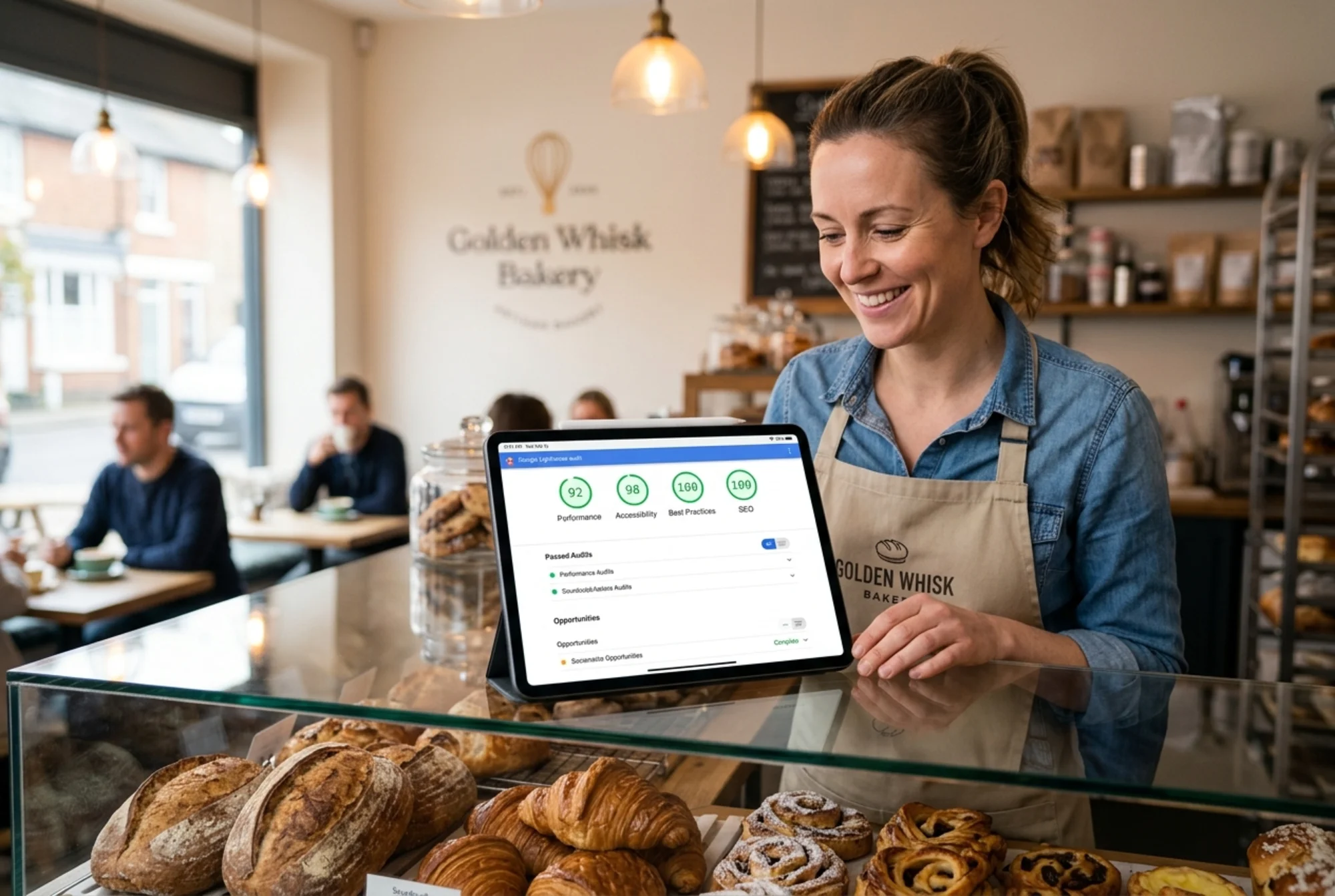 A tablet on a bakery display case showing a finished Lighthouse report with four green circular scores (Performance 92, Accessibility 98, Best Practices 100, SEO 100), the owner smiling as she reviews the results