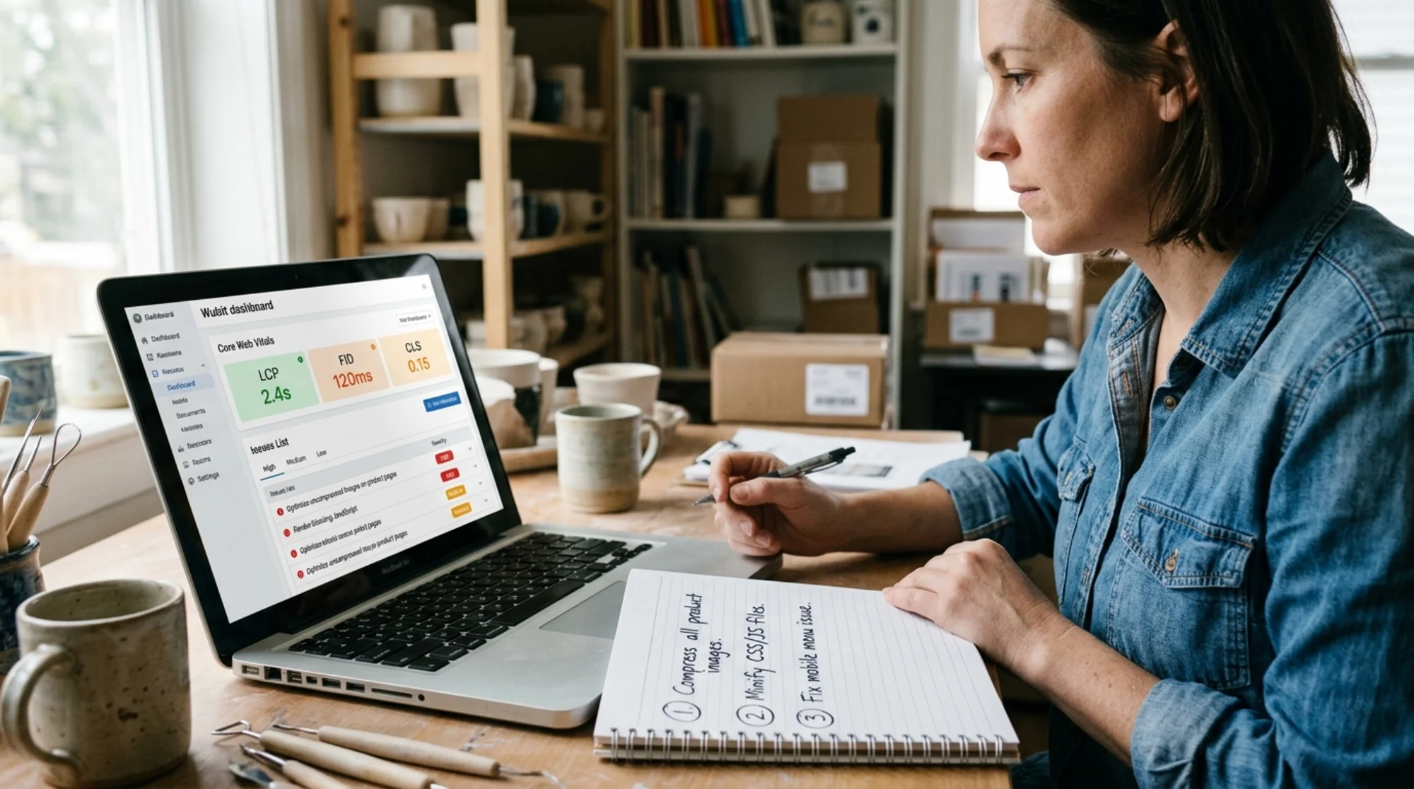 Small business owner at a desk viewing a website audit dashboard on a laptop showing Core Web Vitals scores, issue list grouped by severity, and a notebook beside it with three numbered priority items circled in pen