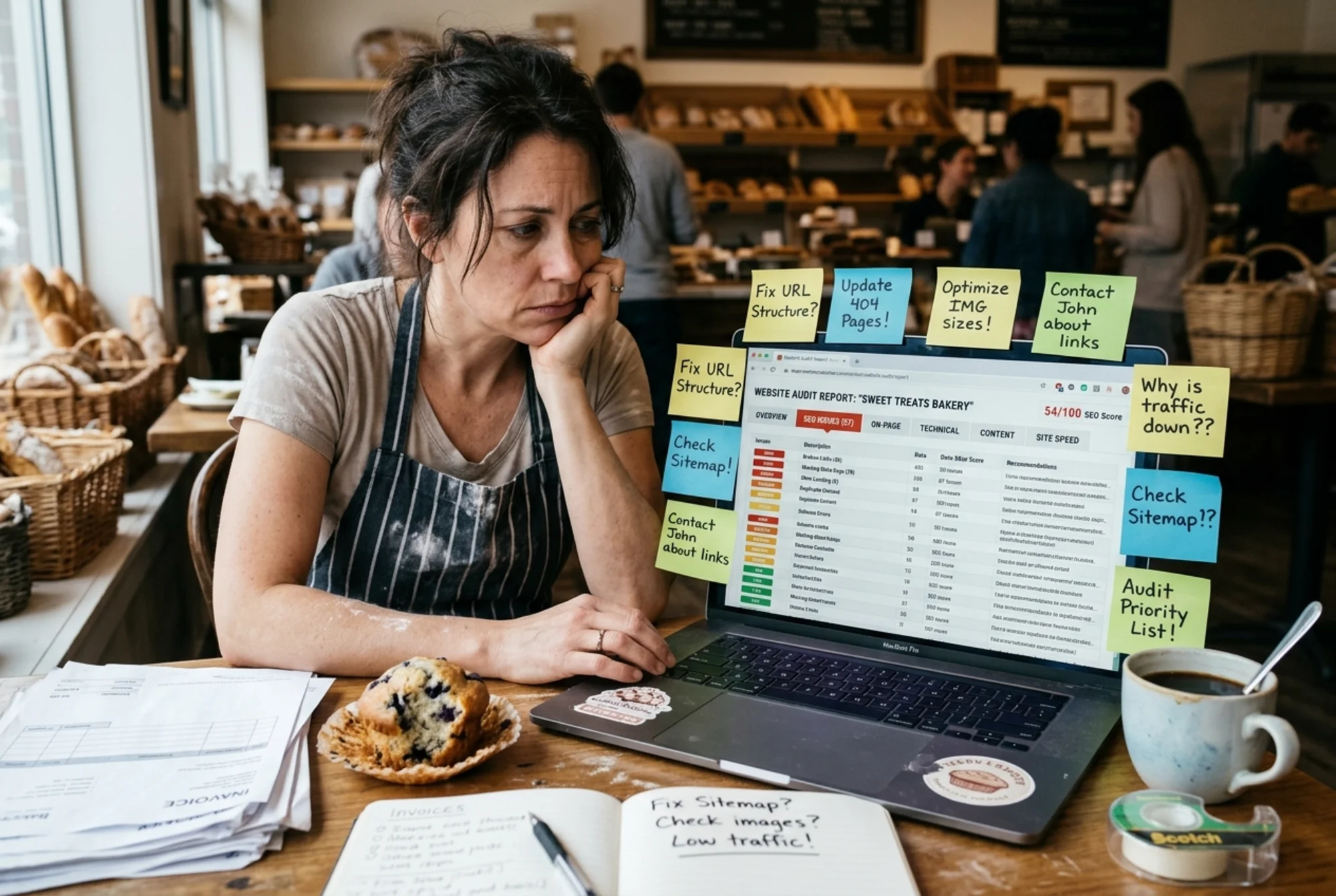 Overwhelmed bakery owner staring at a laptop screen showing a website audit report with 87 issues across multiple expanded tabs, sticky notes covering the monitor edges, half-eaten muffin and cold coffee nearby