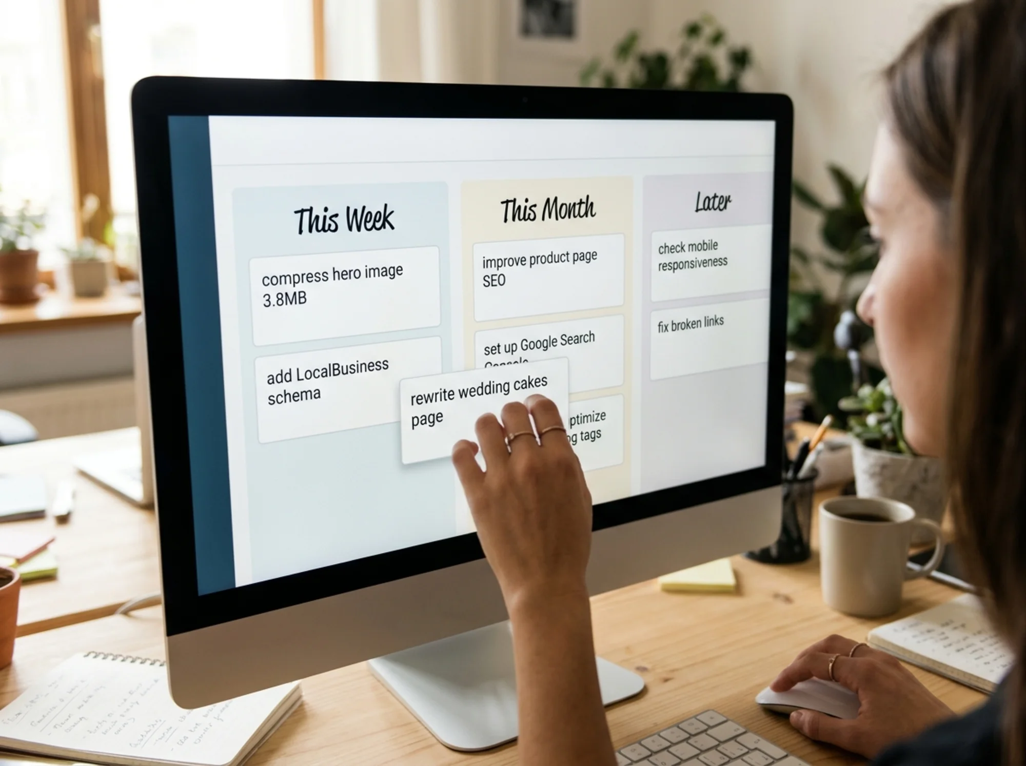 Marketer at a workstation dragging audit findings into three on-screen kanban columns labeled "This Week," "This Month," and "Later," with cards showing "compress hero image 3.8MB," "add LocalBusiness schema," and "rewrite wedding cakes page"
