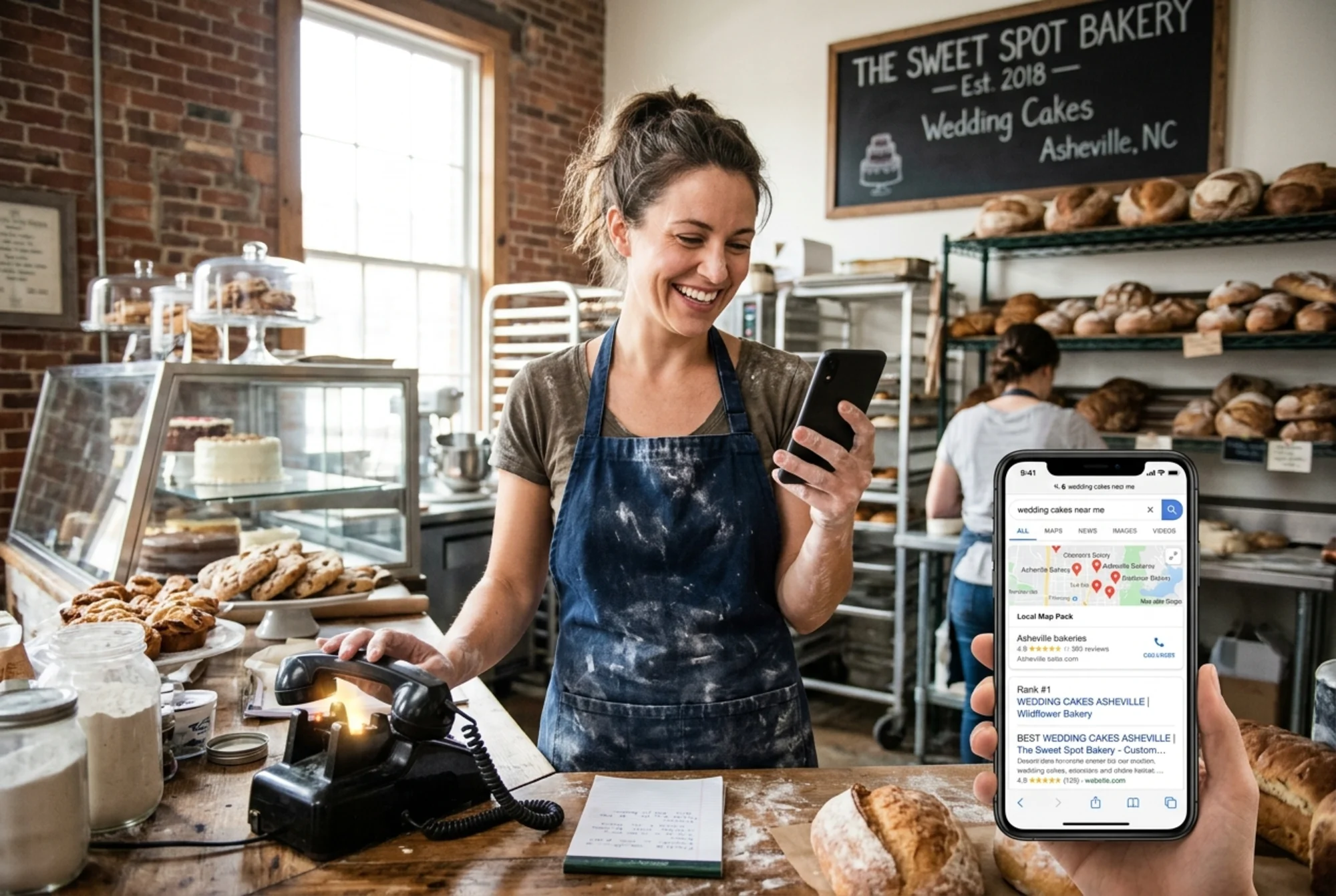 Asheville bakery owner smiling at her phone showing a Google mobile search result for "wedding cakes near me" with her shop ranked second below a local map pack, flour-dusted apron and a ringing landline visible on the counter