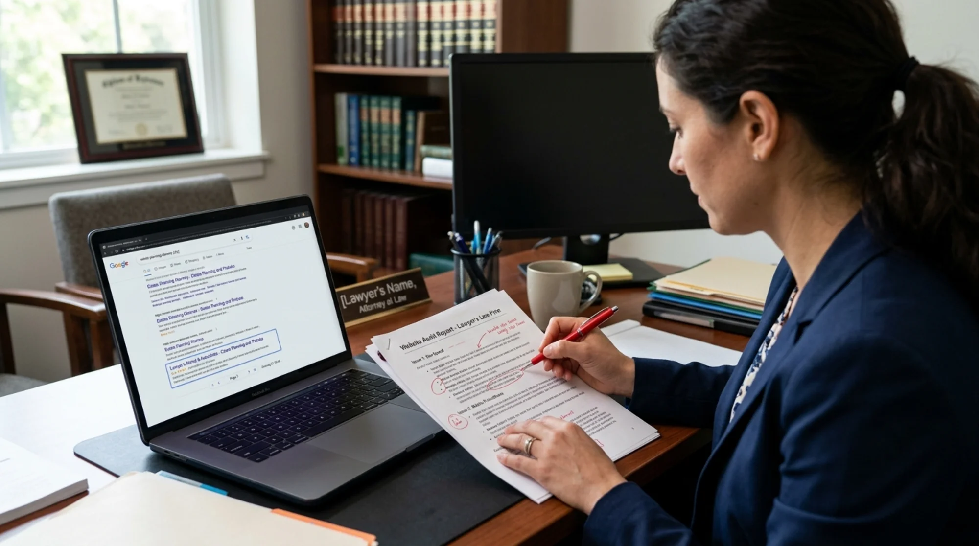 Photorealistic over-the-shoulder shot of a solo attorney at a small law office desk reviewing a printed website audit report, with a laptop beside her showing Google search results for "estate planning attorney" with her firm highlighted at position 27 on page 3
