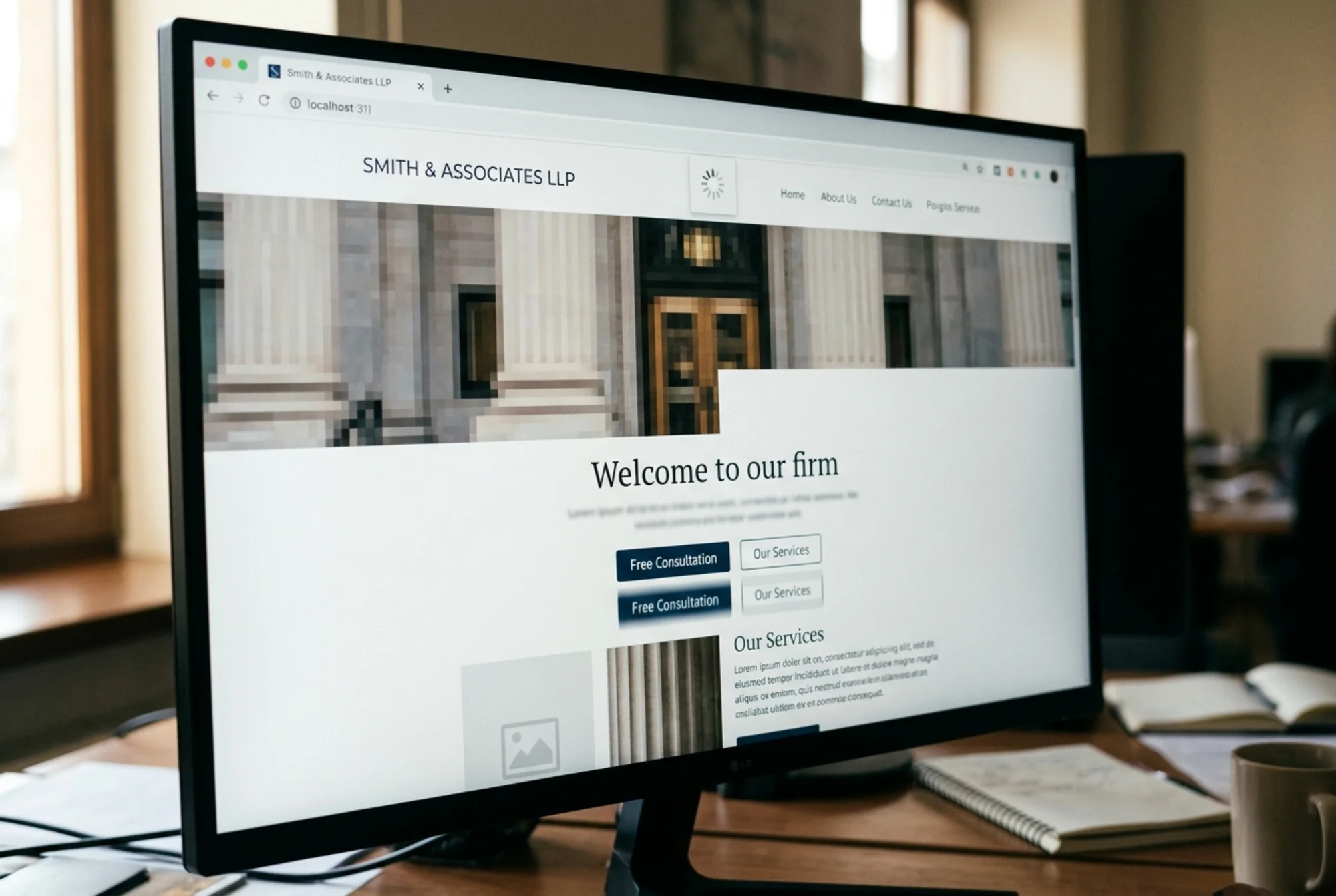 Close-up of a law firm homepage open in a desktop browser, showing a half-loaded oversized hero photo of a courthouse, a vague "Welcome to our firm" headline, and contact buttons visibly shifting downward as the page renders