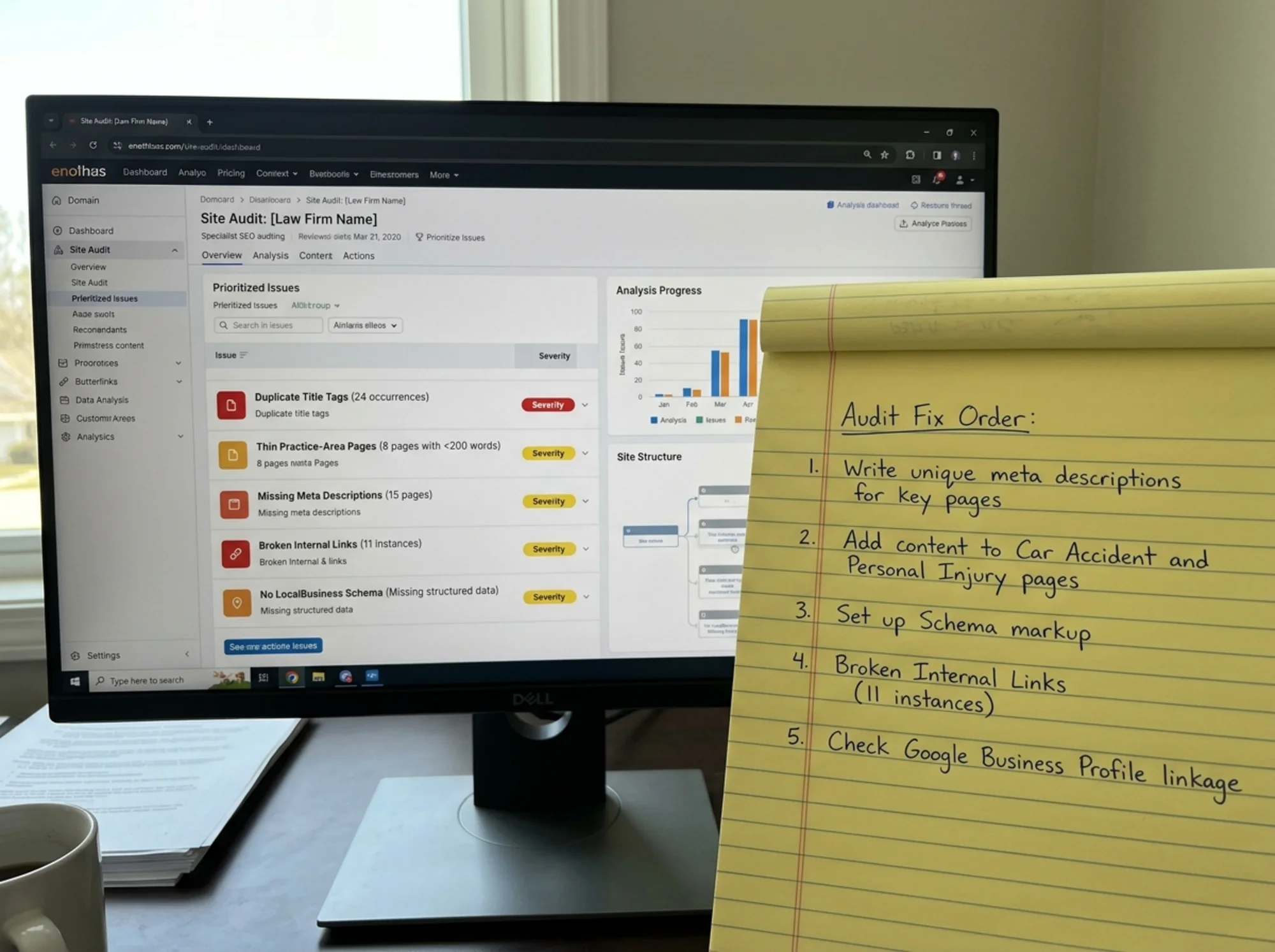 Photorealistic monitor view of a website audit dashboard for a law firm domain, with a prioritized issues list visible — duplicate title tags, thin practice-area pages, missing meta descriptions, broken internal links, no LocalBusiness schema — and a yellow legal pad beside it with handwritten fix order in pen
