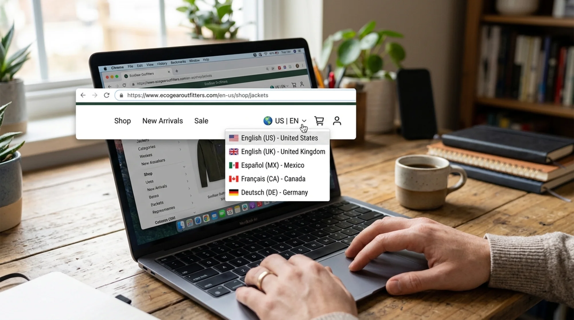 Close-up of a multilingual ecommerce website header with a country selector dropdown listing English (US), English (UK), Spanish (Mexico), and French versions, browser tab showing a /en-us/ URL path