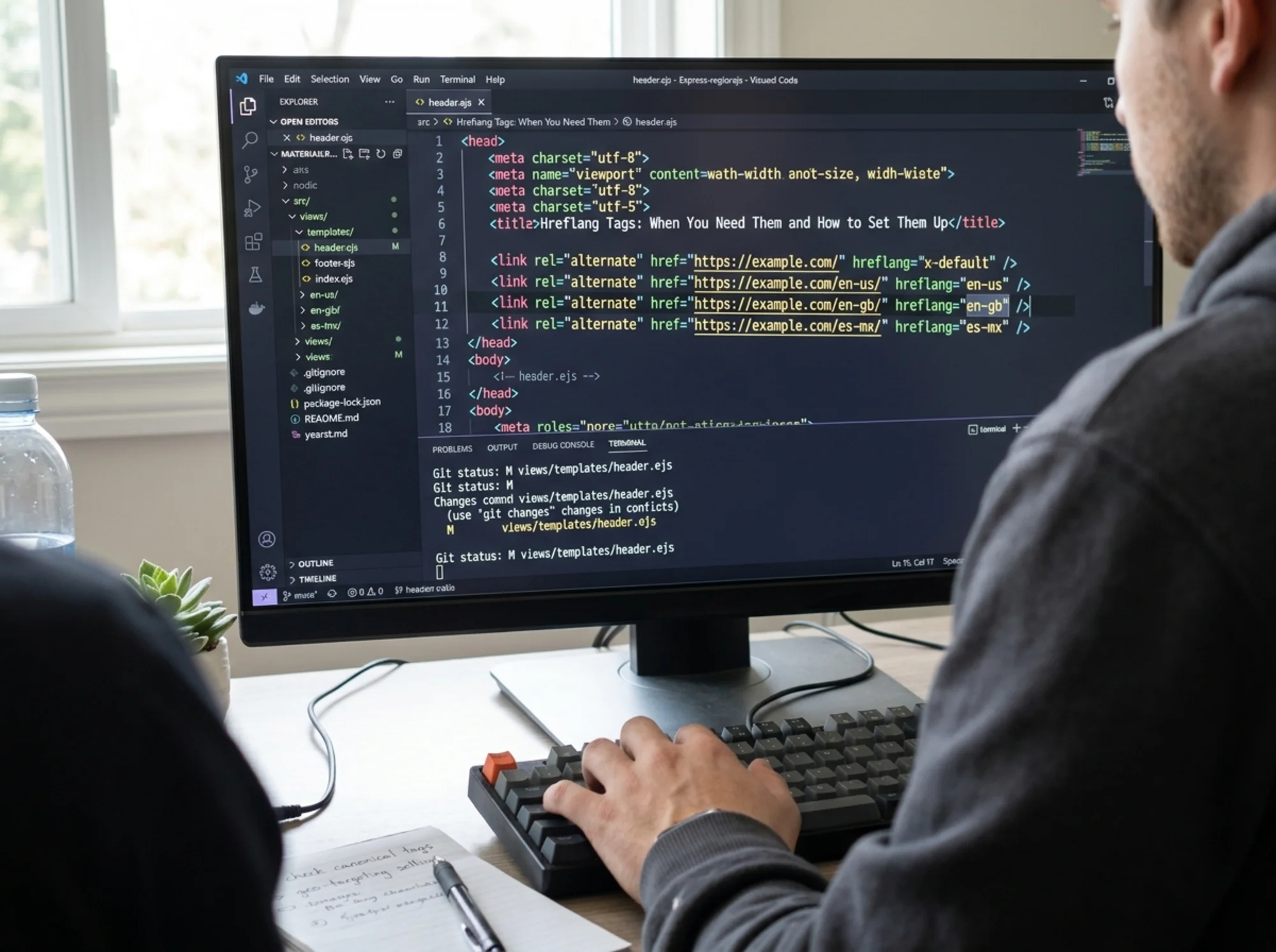 VS Code editor showing an HTML head section with four hreflang link tags being edited, syntax highlighting on the en-us, en-gb, es-mx, and x-default attributes, with sidebar showing template files for a multi-region site