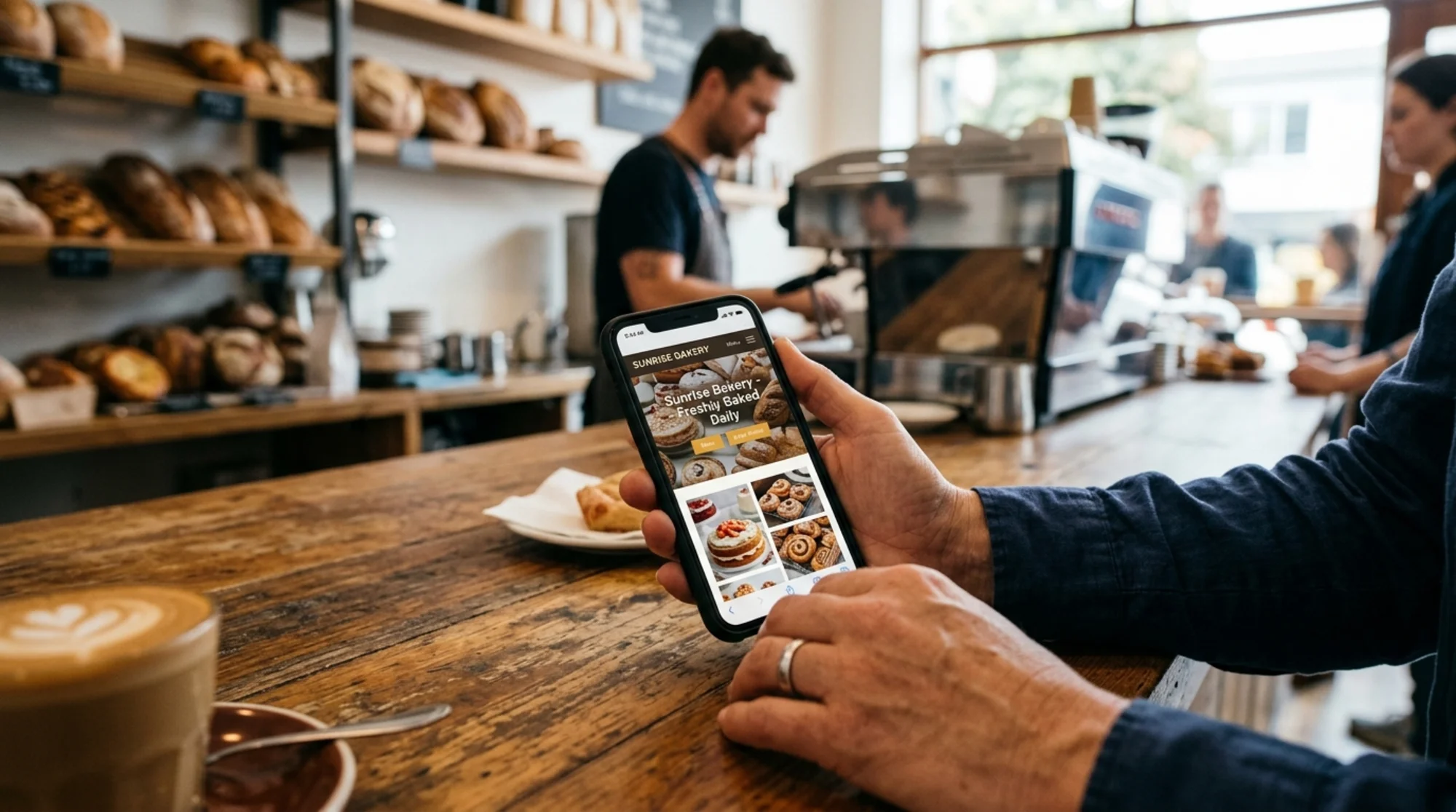 Photorealistic close-up of a small business owner's hand holding a smartphone on a wooden cafe counter, screen showing a fast-loading bakery homepage with cake photos, three of four Wi-Fi bars visible in status bar, warm morning light, blurred espresso machine in background