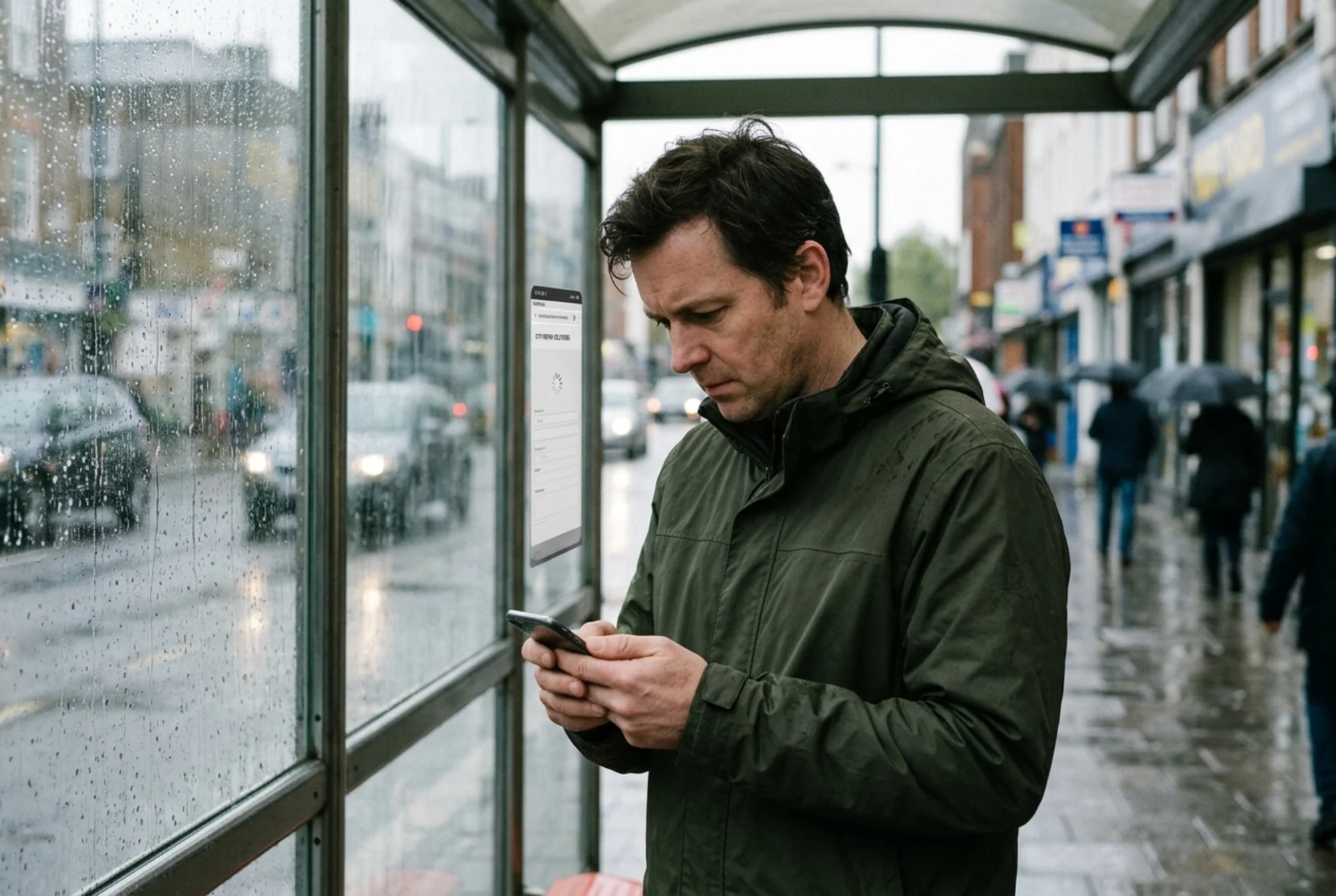 Photorealistic shot of a person under a rain-streaked bus shelter holding a phone showing a small business contact page stuck on a loading spinner, 3G icon and one signal bar visible, raindrops on glass, dim grey city street behind