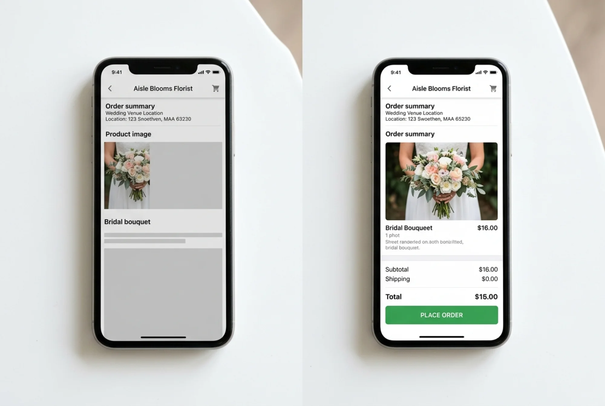 Photorealistic side-by-side phone mockups on a white surface showing the same florist checkout page at a wedding venue, left phone frozen with half-loaded image and grey skeleton boxes, right phone fully rendered with product photo and a green "Place Order" button, soft natural light