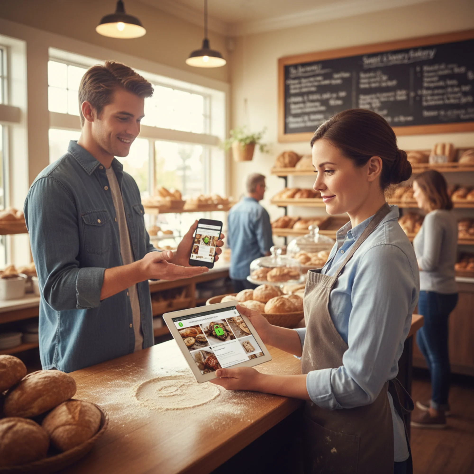 A small business owner looking at their browser address bar showing a padlock icon next to their bakery website URL, with a customer at the counter holding a phone showing the same site