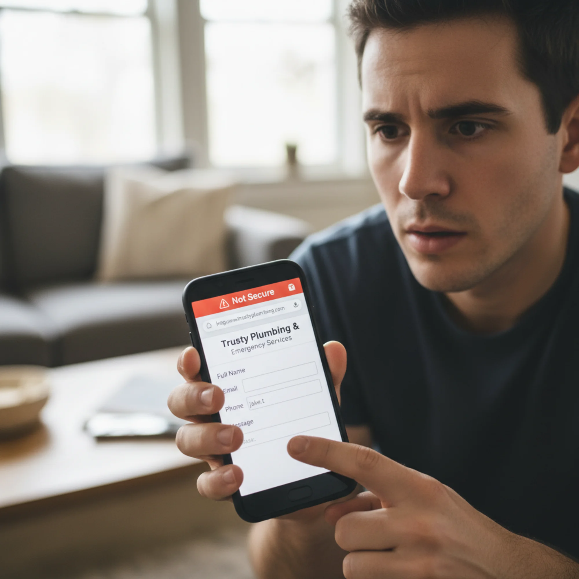 A website visitor on their phone seeing a red Not Secure warning in Chrome while trying to fill out a contact form on a local plumber's website, with a hesitant expression