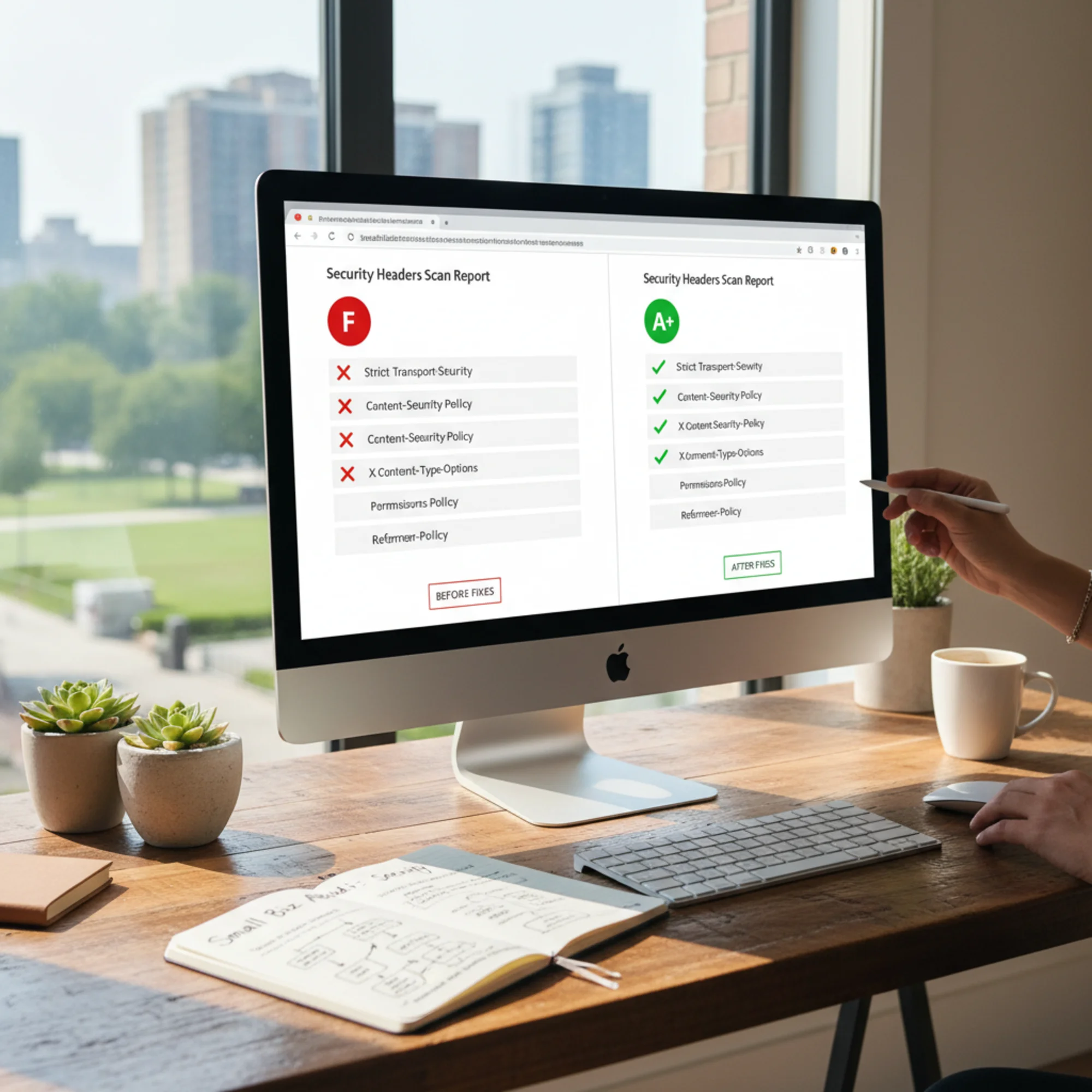 A split-screen view of a security headers scan report showing failing grades with red X marks on the left and the same site after fixes with green checkmarks and an A-plus rating on the right