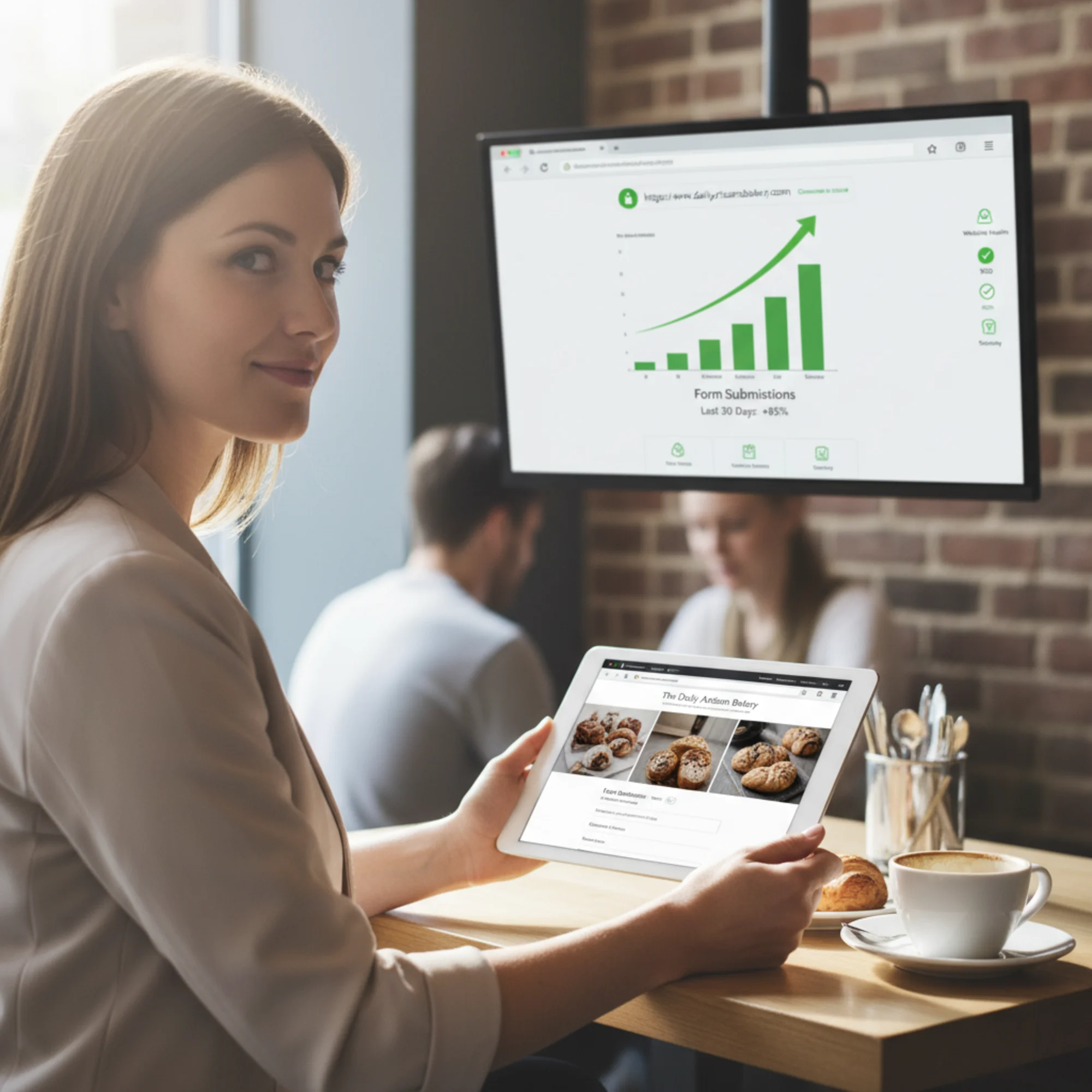 A small business owner reviewing their website on a tablet showing a green padlock and Connection is secure message, with a simple dashboard behind them showing a visible uptick in form submissions