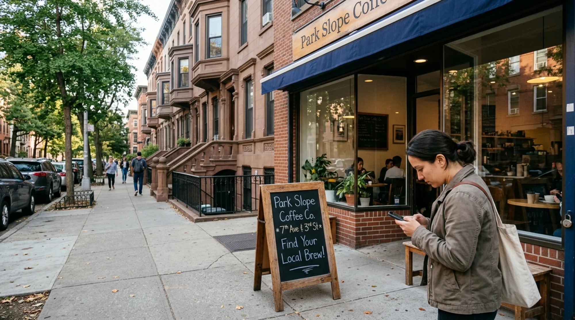 Street-level photograph of a small independent coffee shop on a recognizable urban brownstone block, sandwich-board sign on the sidewalk listing nearby cross streets, a customer checking directions on her phone, clear sense of one specific neighborhood
