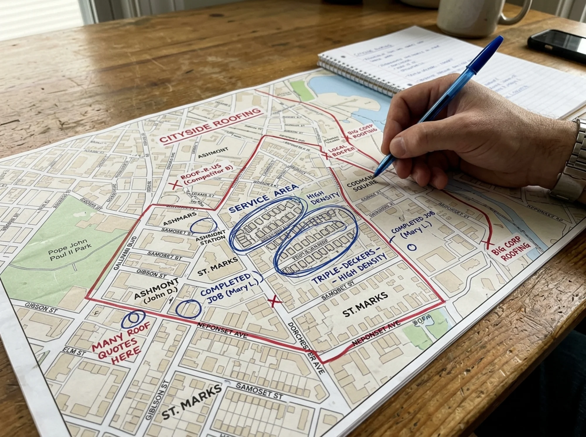 Close-up of a printed neighborhood street map on a wooden desk with hand-drawn pen annotations marking service boundaries, competitor locations, triple-decker housing notes, and circled blocks where the business does most of its work