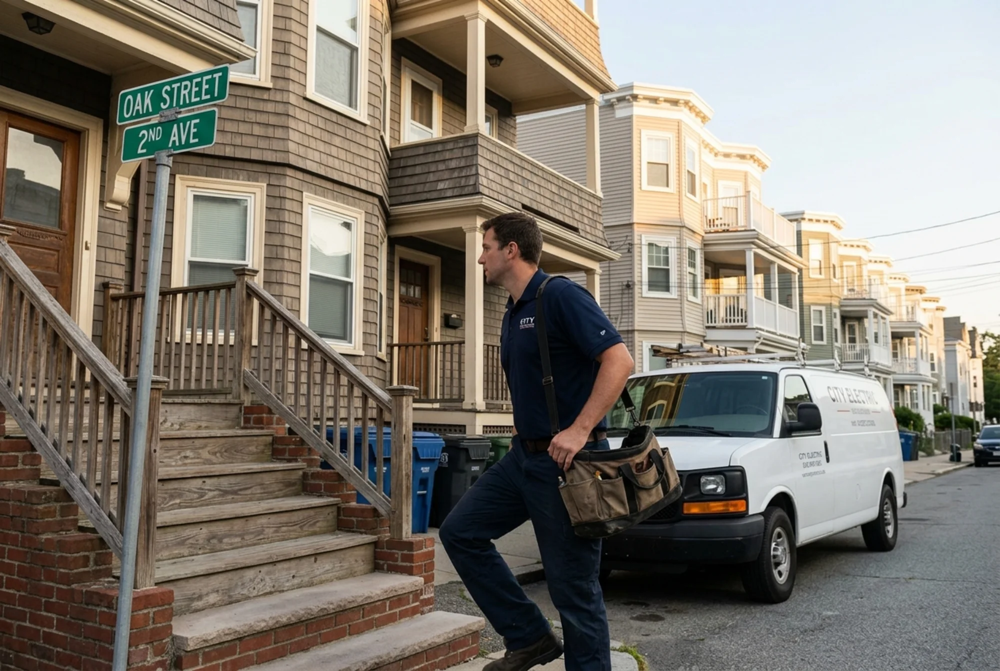 Residential electrician in a branded work shirt carrying a tool bag up the front steps of a 1920s urban triple-decker, work van parked at the curb with a visible street sign, similar housing stock down the block, early morning natural light