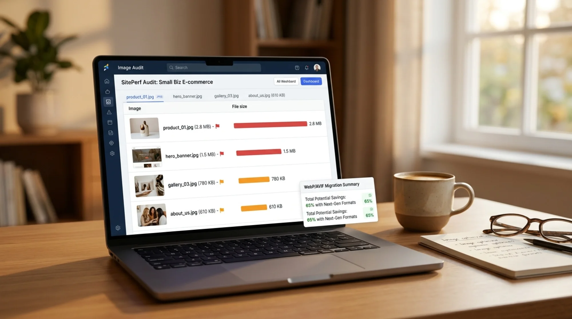 A laptop screen displaying a website image audit dashboard with a column of thumbnails flagged in red and orange for oversized JPEGs, file-size bars next to each, a WebP and AVIF migration summary card visible in the corner, warm afternoon light across a tidy home office desk with a coffee cup