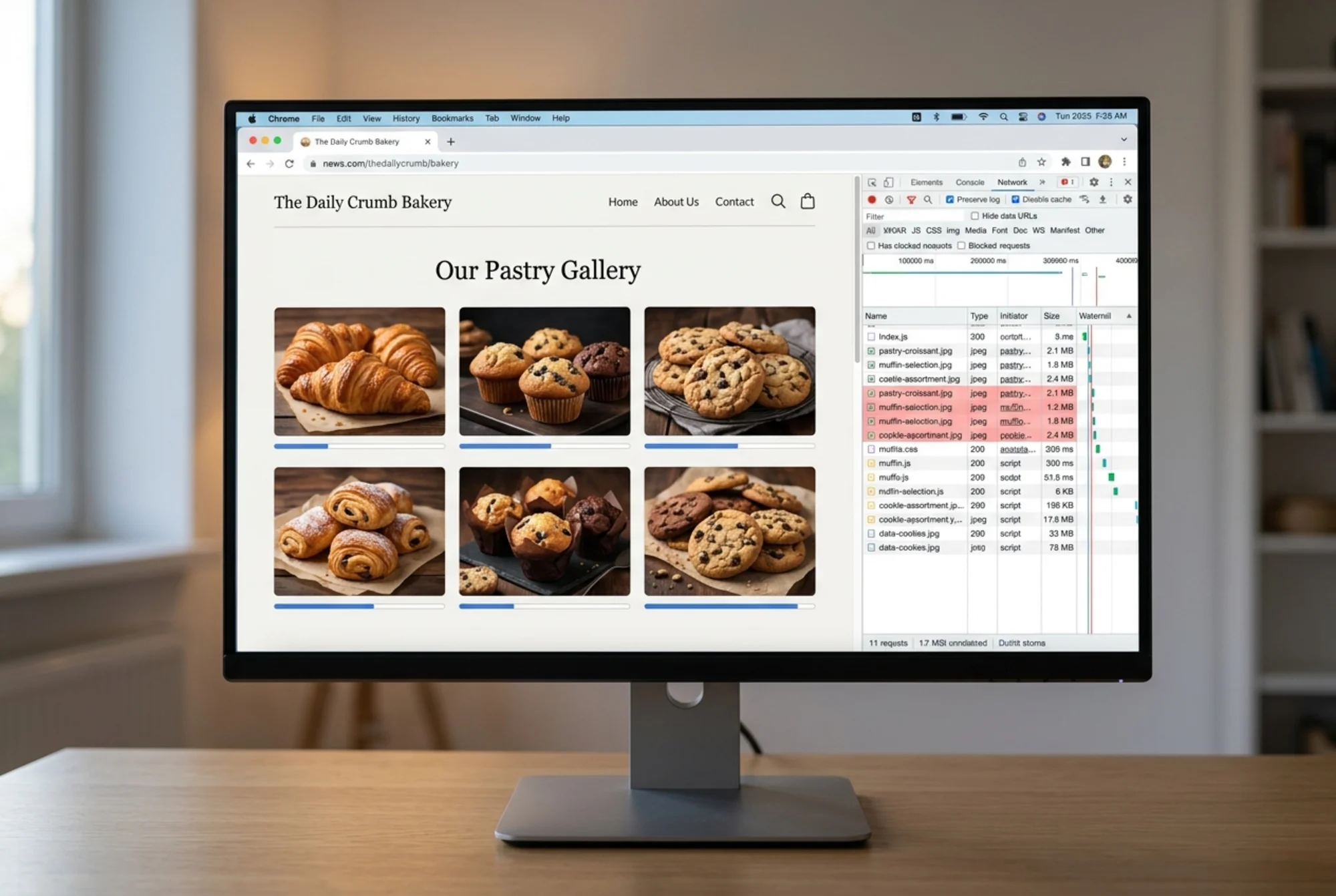 A bakery website gallery page open in Chrome on a 27-inch monitor, dev tools Network panel pinned to the right showing JPEG entries at 2.1MB, 1.8MB, and 2.4MB highlighted, six product photos of pastries loading with visible progress placeholders, mild evening glow from a window