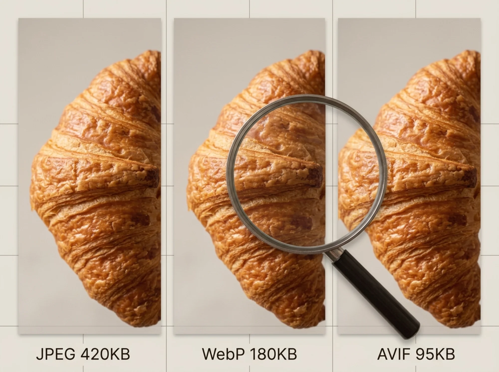 Three-panel side-by-side comparison of the same close-up croissant photograph labeled JPEG 420KB, WebP 180KB, AVIF 95KB, a magnifier loupe overlay in the center showing identical crust detail across formats, neutral studio backdrop with subtle grid lines