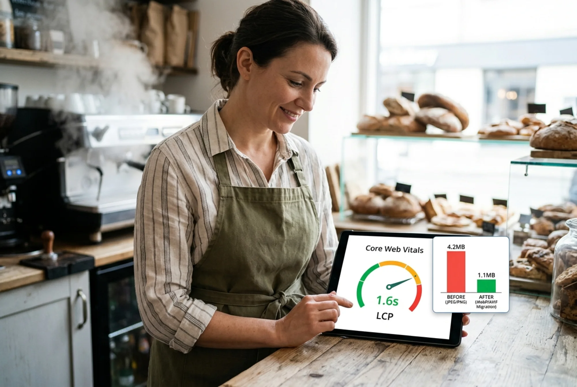 A bakery owner in an apron checking a Core Web Vitals report on a tablet at the counter, LCP needle pointing to 1.6s in green, a small inset graph showing page weight dropping from 4.2MB to 1.1MB, espresso machine steaming behind her in soft morning light