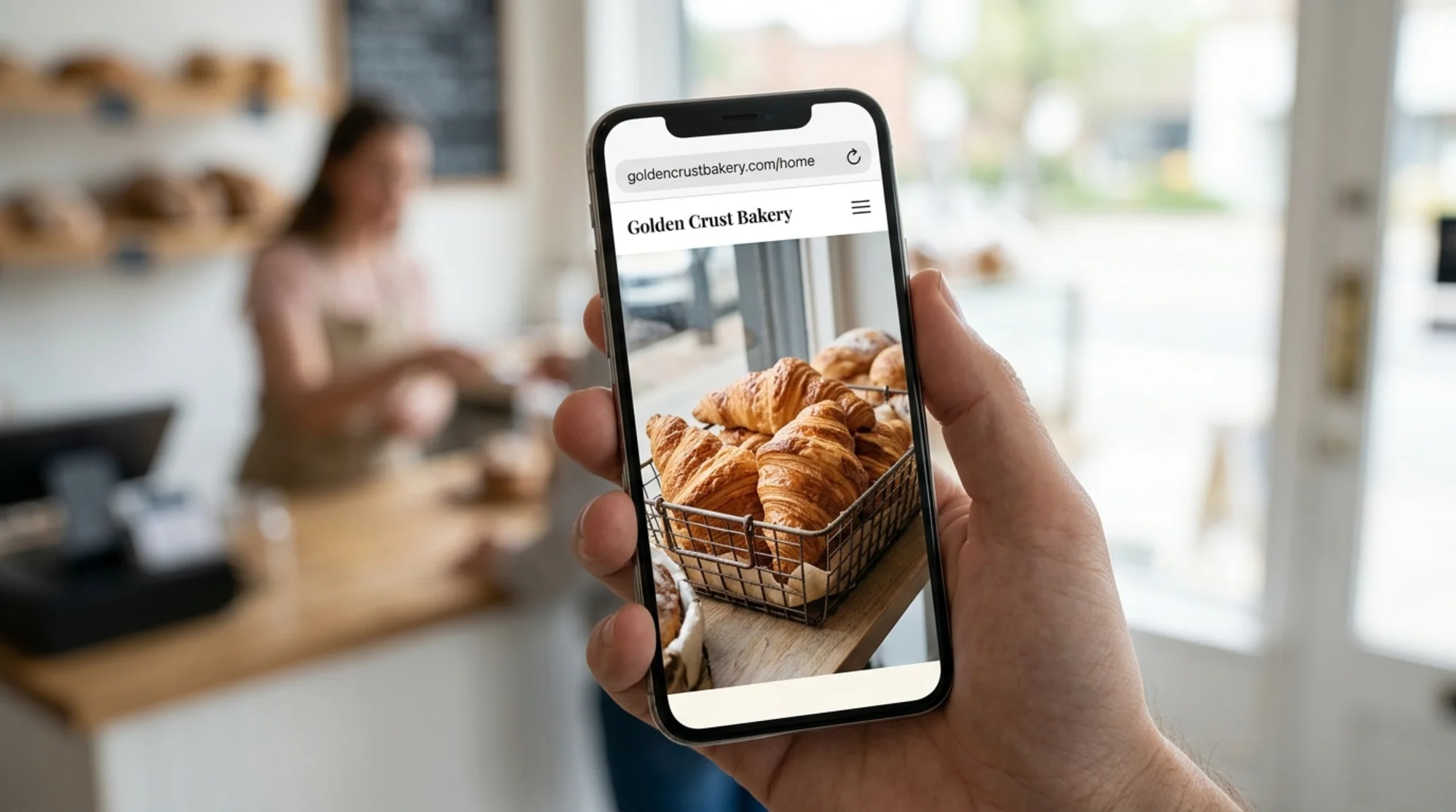 Small bakery homepage hero on a phone screen showing a freshly loaded WebP photo of warm butter croissants in a basket, sharp detail with no banding, soft natural daylight through a shop window, mobile browser chrome visible