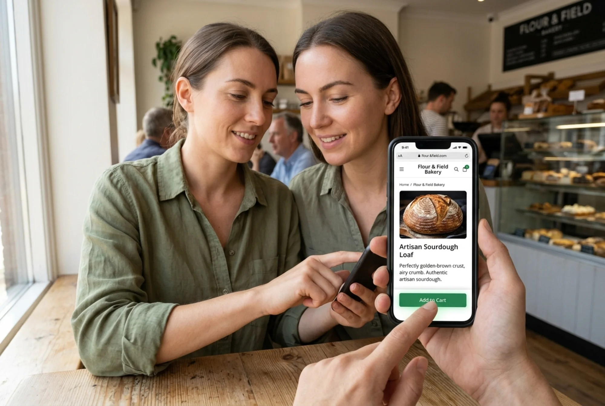 Customer holding a phone inside a sunlit cafe showing the optimized Flour & Field bakery product page, sharp WebP product photos loaded instantly, finger hovering over an Add to Cart button, warm casual scene