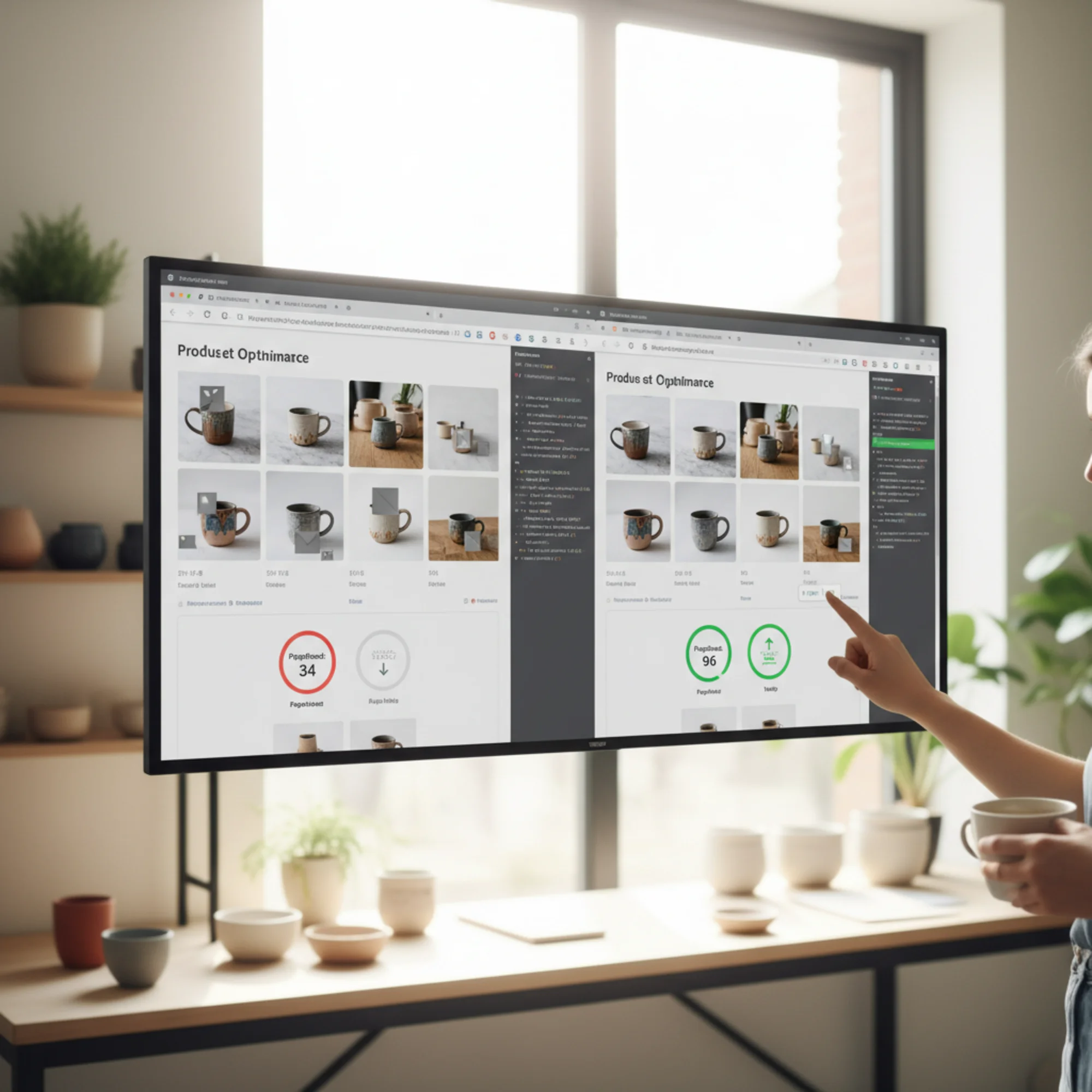 A split-screen comparison of the same product page: left side shows a slow-loading page with broken image placeholders and a red PageSpeed score of 34, right side shows crisp WebP-optimized product images fully loaded with a green score of 96