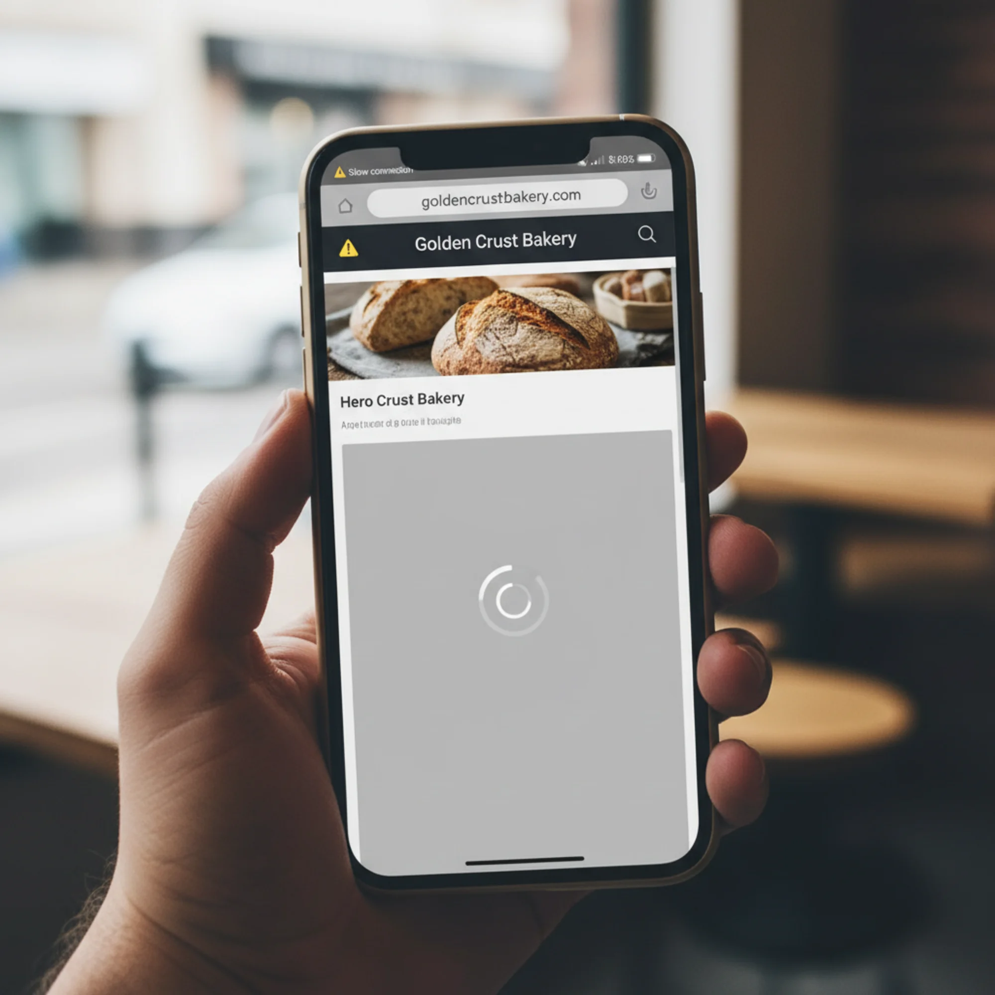 A smartphone screen showing a bakery website with a half-loaded hero banner, a visible loading spinner where the sourdough photo should be, and a Chrome address bar displaying a slow connection warning icon