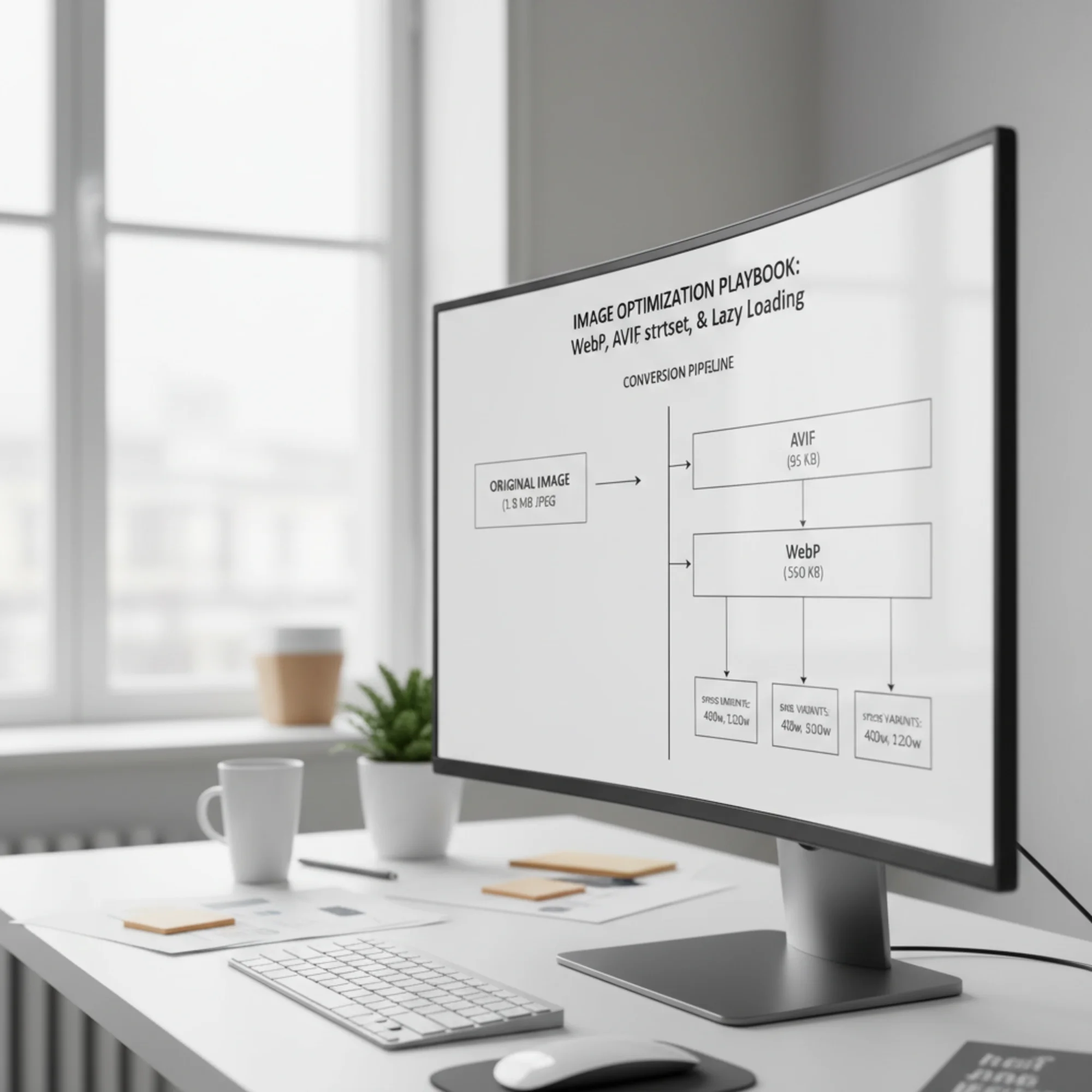 A flowchart diagram showing an original 1.8 MB JPEG photo entering a conversion pipeline that branches into three output paths: AVIF at 95 KB, WebP at 150 KB, and fallback JPEG at 500 KB, with srcset size variants (400w, 800w, 1200w) generated for each format
